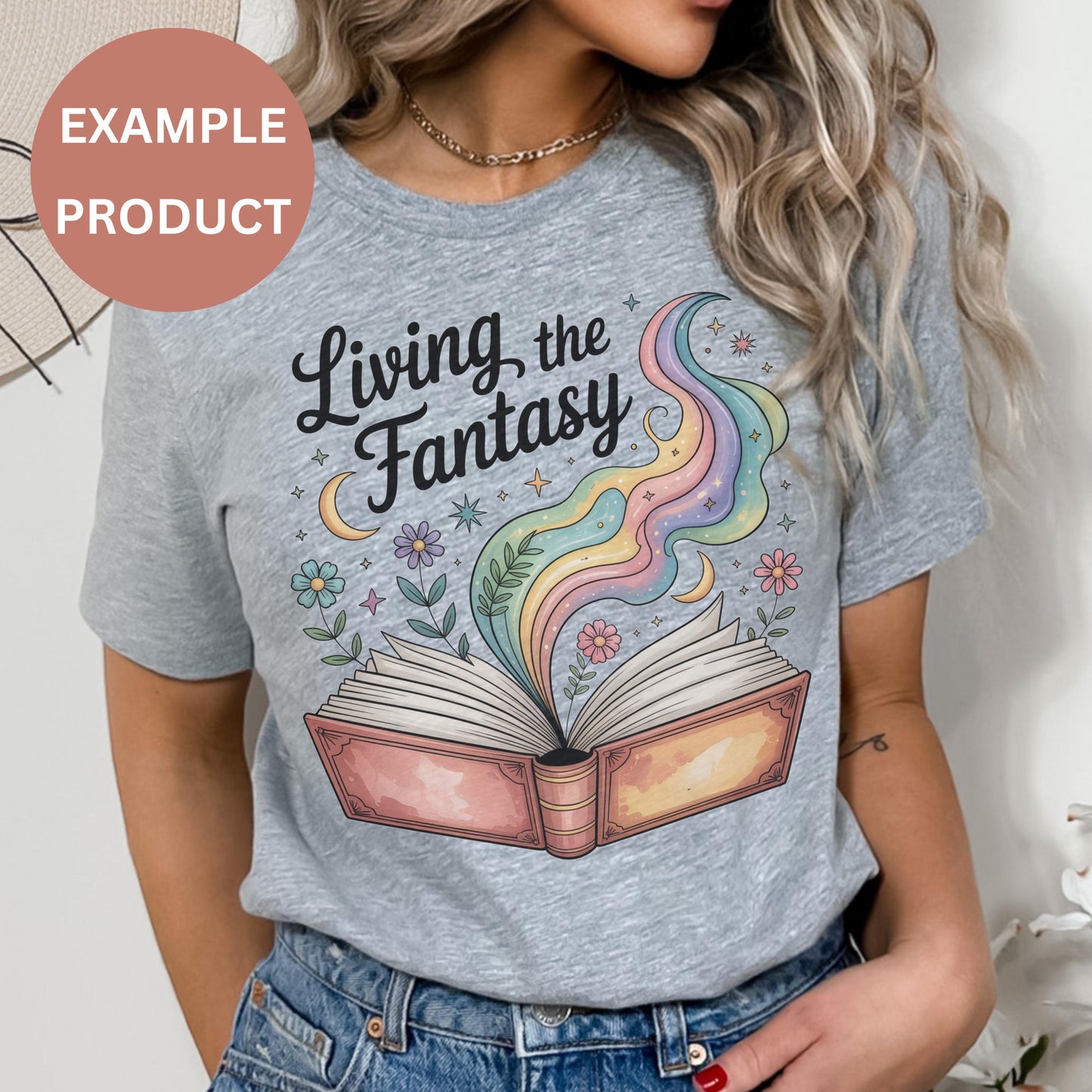 Women's Fantasy Book T-Shirt, Living the Fantasy Graphic Tee, Cute Magical Book Lover Gift, Soft Cotton Shirt, Unique Illustration Top