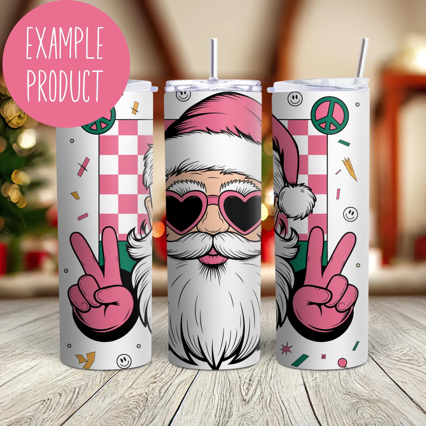Funky Santa Tumbler, Hipster Santa Claus Insulated Cup, Christmas Travel Mug with Straw, Holiday Drinkware Gift Idea, Peace Sign Santa
