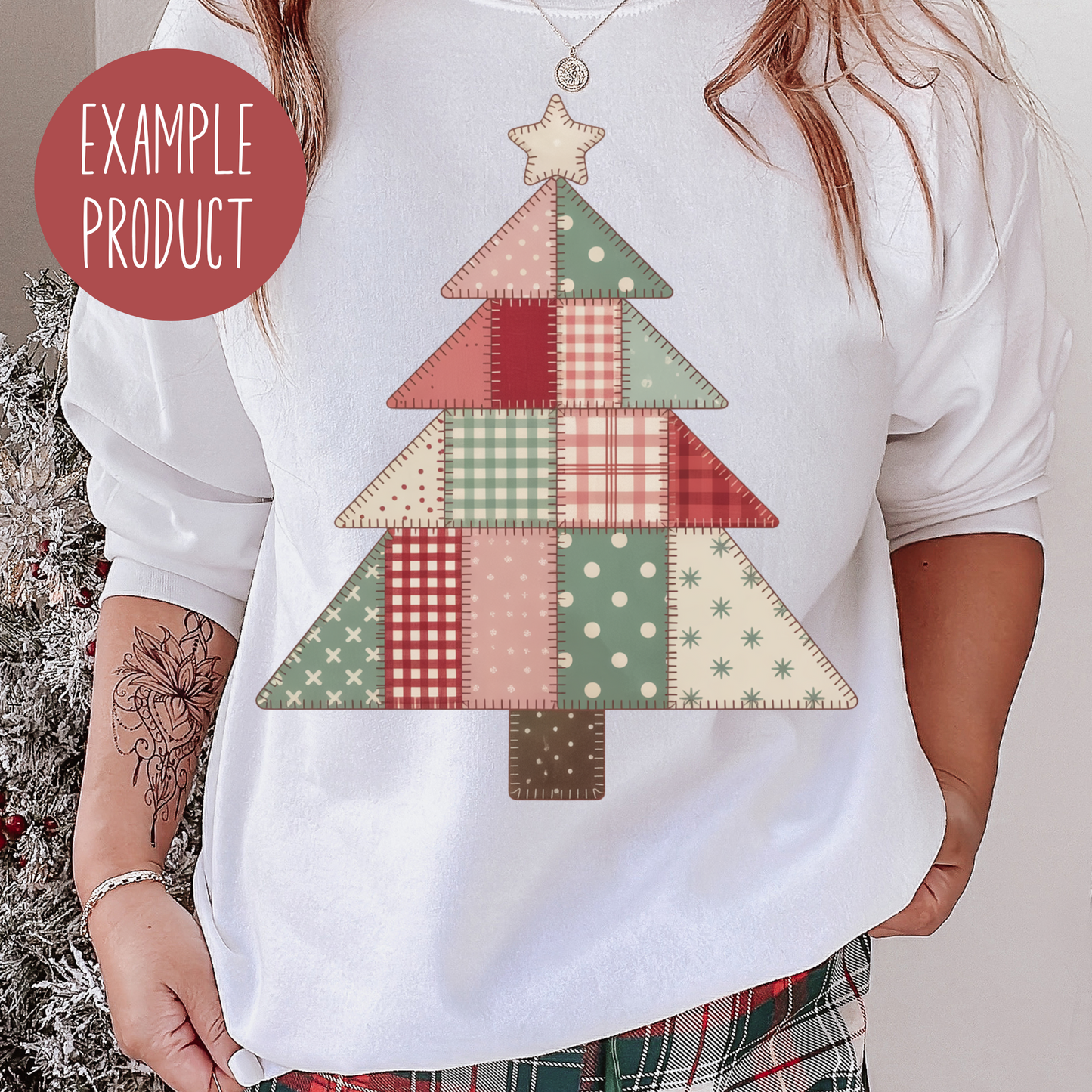 Festive Christmas Tree Shirt, Plaid Pattern, Women's Holiday Casual Top, Long Sleeve White Tee