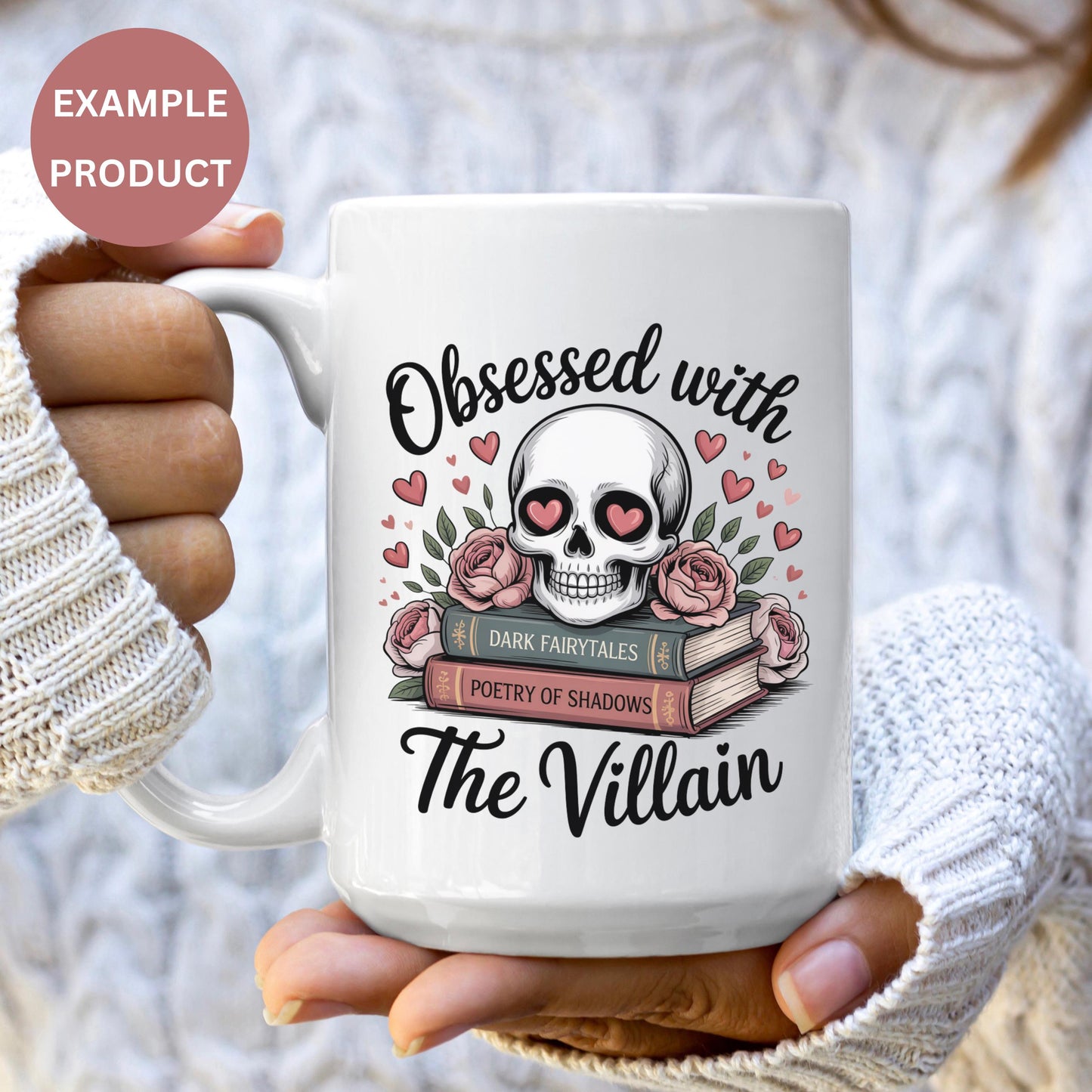 Gothic Skull Coffee Mug, Dark Fairytale Poetry Book and Roses Design, Unique Villain Themed Cup