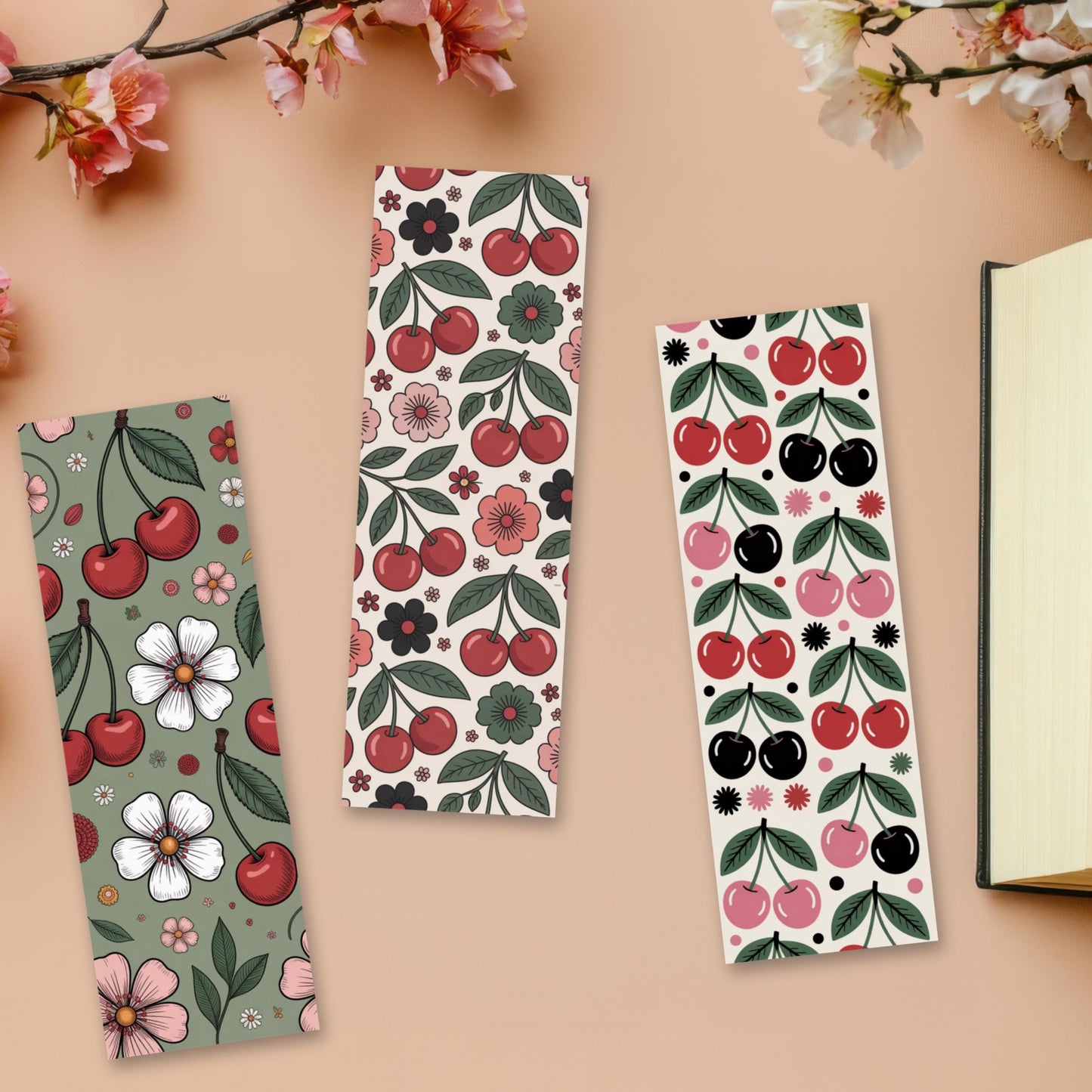 Cherry Blossom Floral Bookmark Set, Cute Fruit and Flower Design, Spring Themed Reading Accessory
