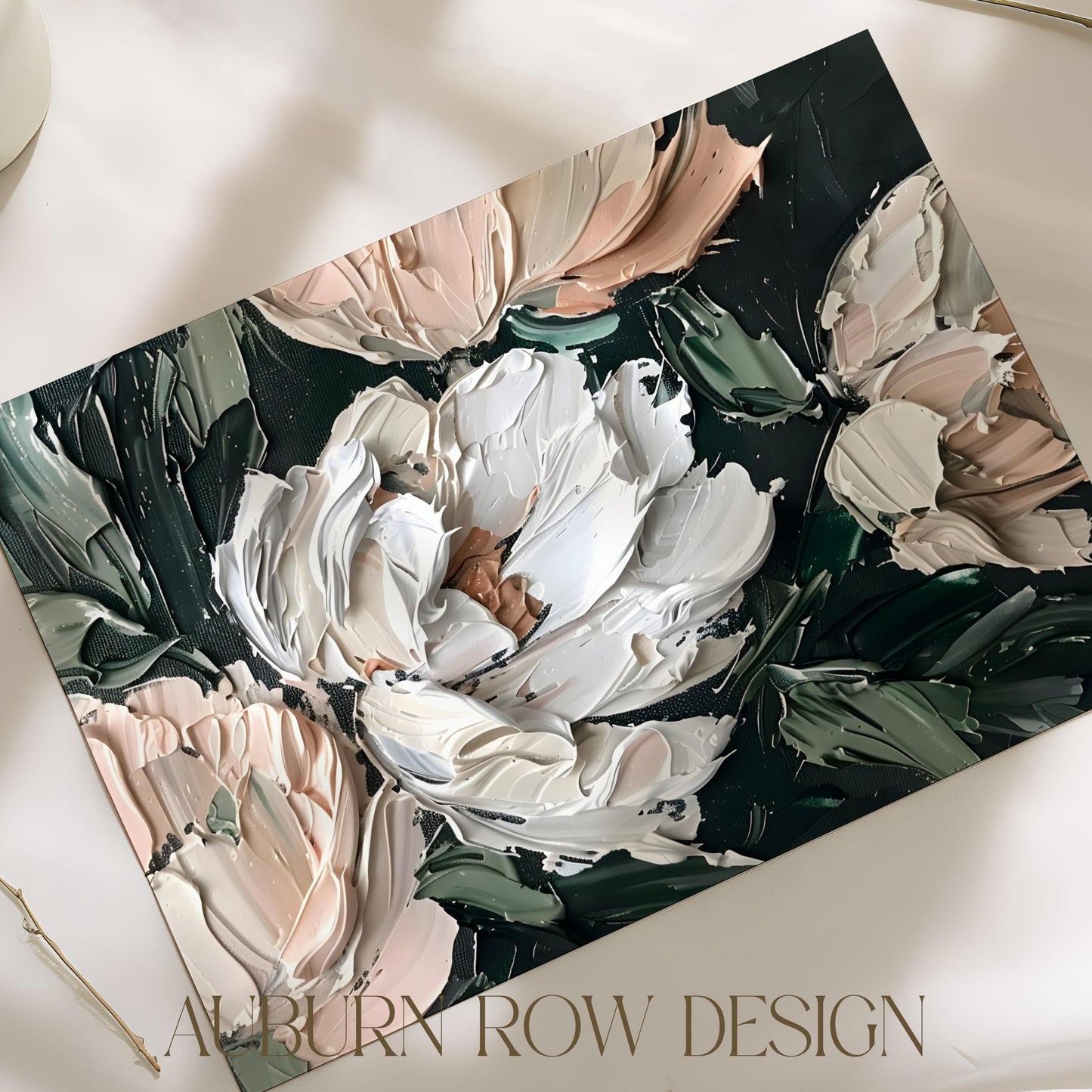 Abstract Floral Canvas Art, Textured Painting, Modern Home Decor, Beige Green White Palette