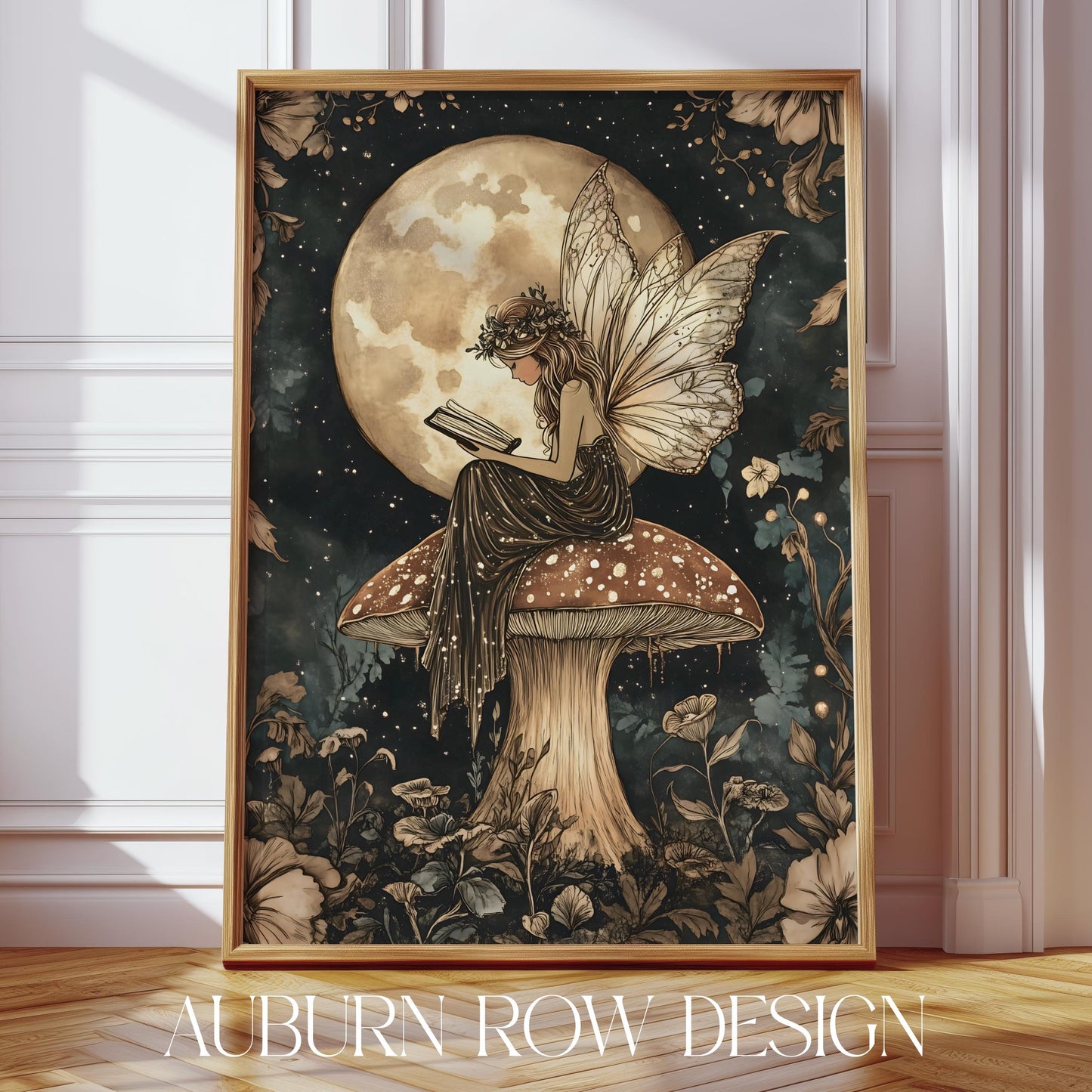 Fairy on Mushroom Art Print, Vintage Fantasy Wall Decor, Moonlight Mystical Poster, Bohemian Home Decoration