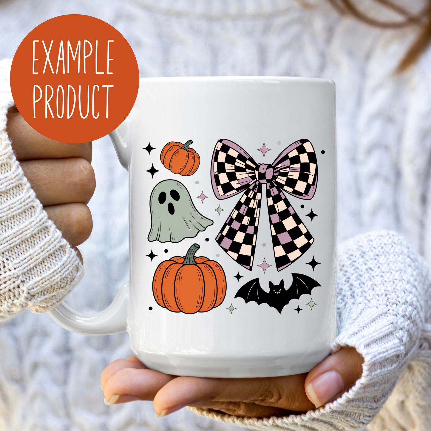 Halloween Coffee Mug with Ghost, Pumpkin, Bat Design, Buffalo Plaid Bow, Fall Holiday Drinkware Gift
