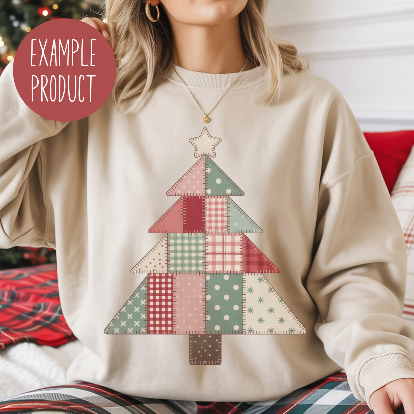Women's Christmas Tree Sweatshirt, Patchwork Design Holiday Top, Casual Festive Apparel, Winter Fashion Pullover