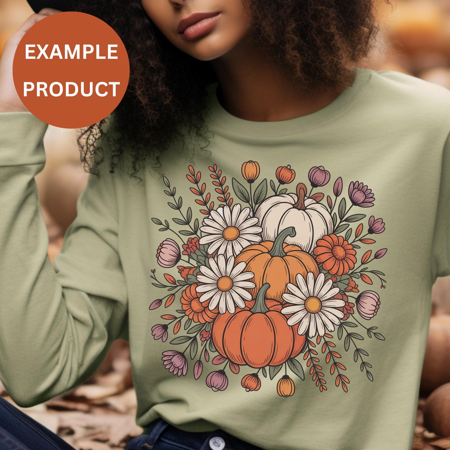 Autumn Floral Pumpkin Sweatshirt, Women's Fall Fashion Pullover, Cozy Thanksgiving Outfit, Casual Floral Top