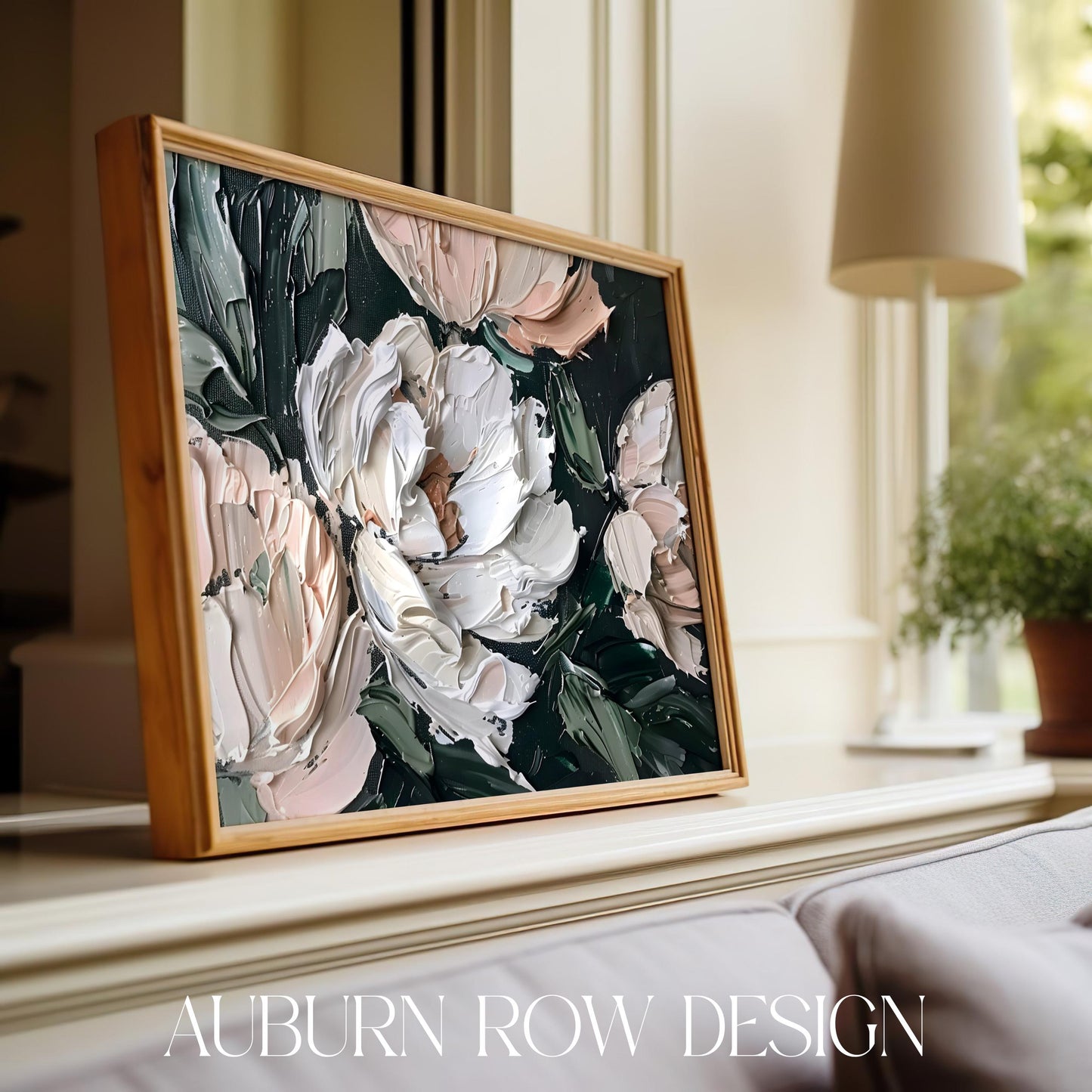 Modern Abstract Floral Painting, Textured Wall Art, Pink Green Decor, Framed Canvas, Home Interior Design