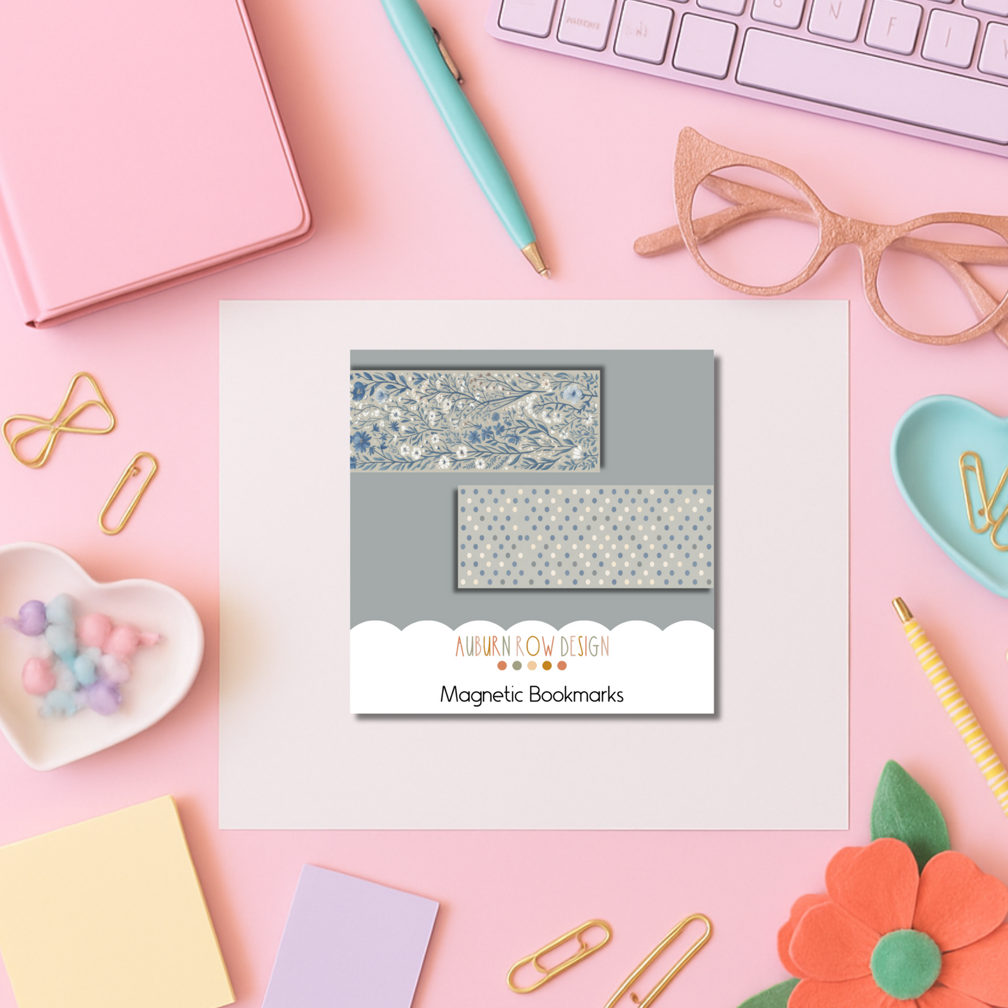 Blue Floral Magnetic Bookmark Set