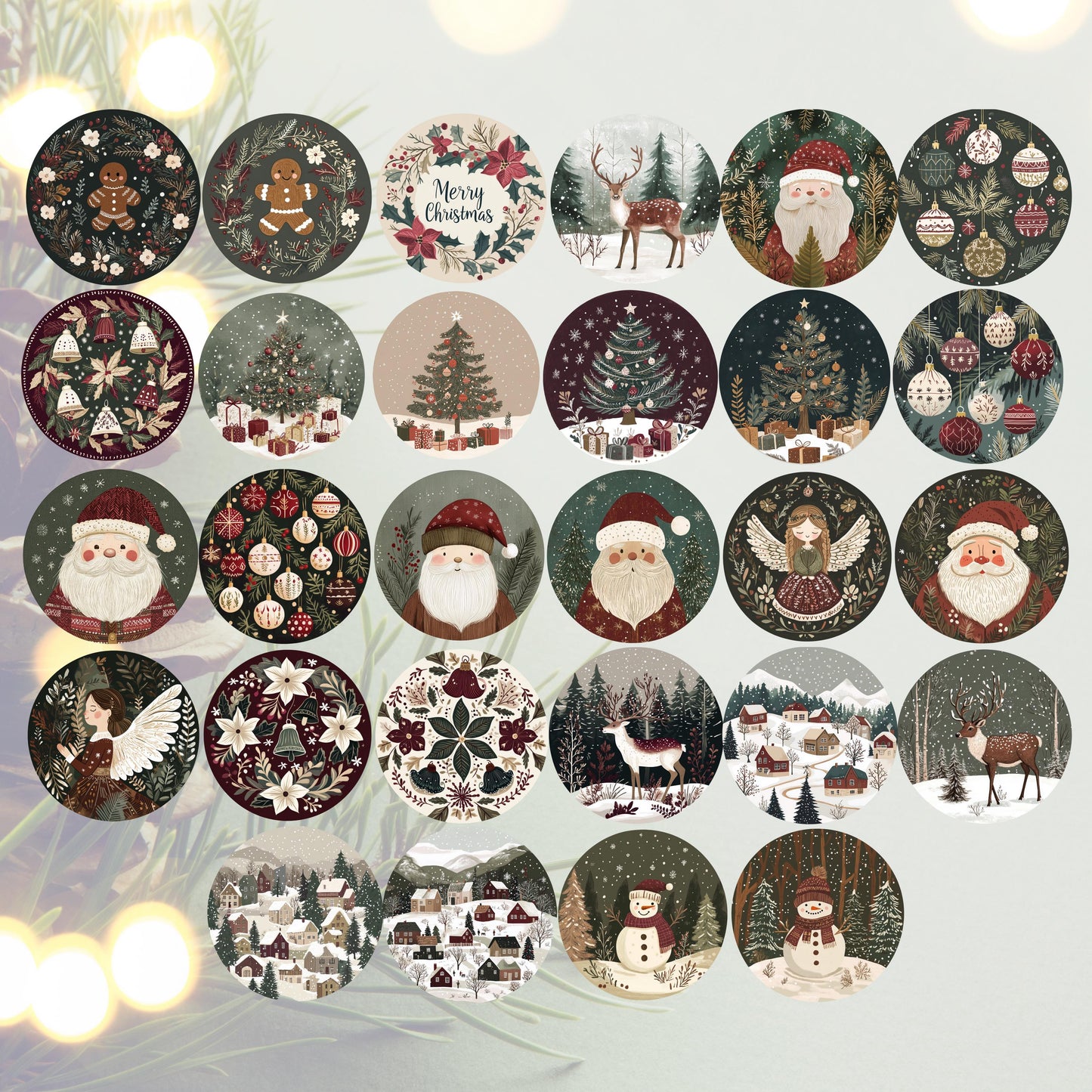 Festive Christmas Button Set with Vintage Santa, Snowman, Reindeer, and Winter Scenes, Holiday Craft Supplies, Pack of 24