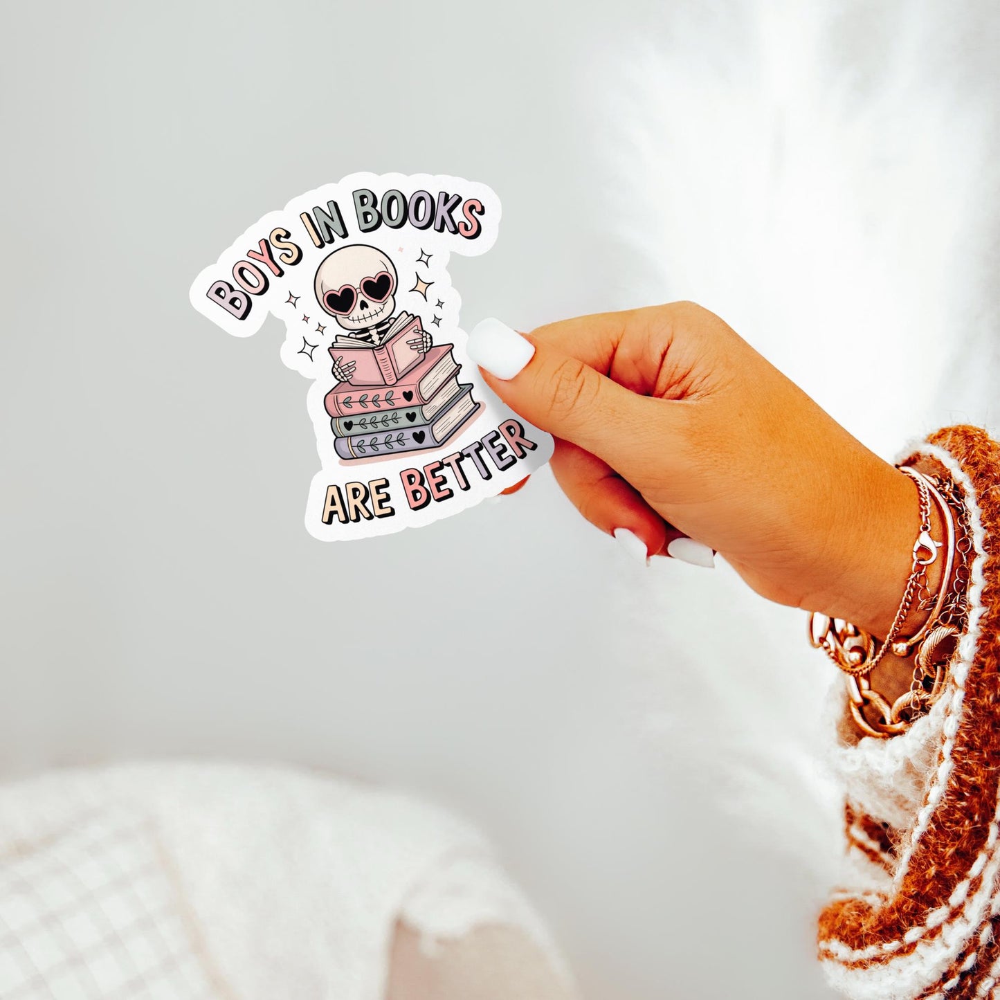 Boys in Books Are Better Sticker, Cute Skeleton Reading, Book Lover Gift, Waterproof Vinyl Decal, Laptop Sticker, Feminist.quote