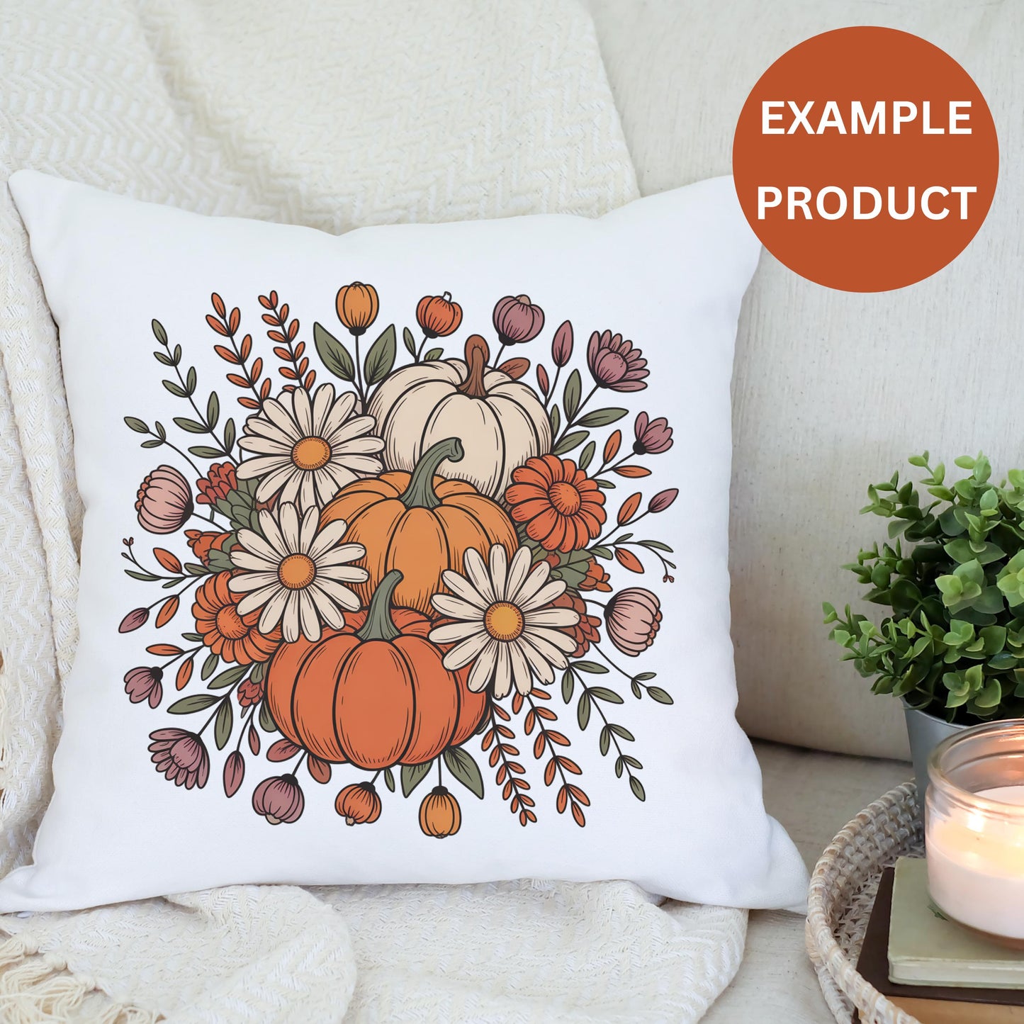 Autumn Pumpkin and Floral Throw Pillow Cover, Fall Home Decor Cushion, Seasonal Sofa Decoration, Cozy Living Room Accessory