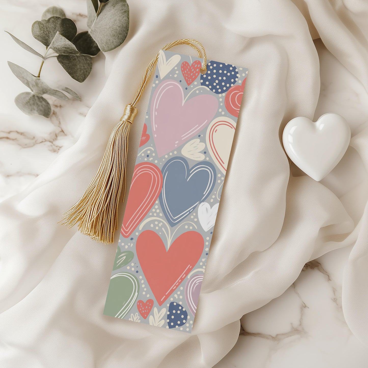 Colorful Heart Pattern Bookmark with Gold Tassel, Romantic Gift, Anniversary Present, Love Keepsake, Unique Book Accessory