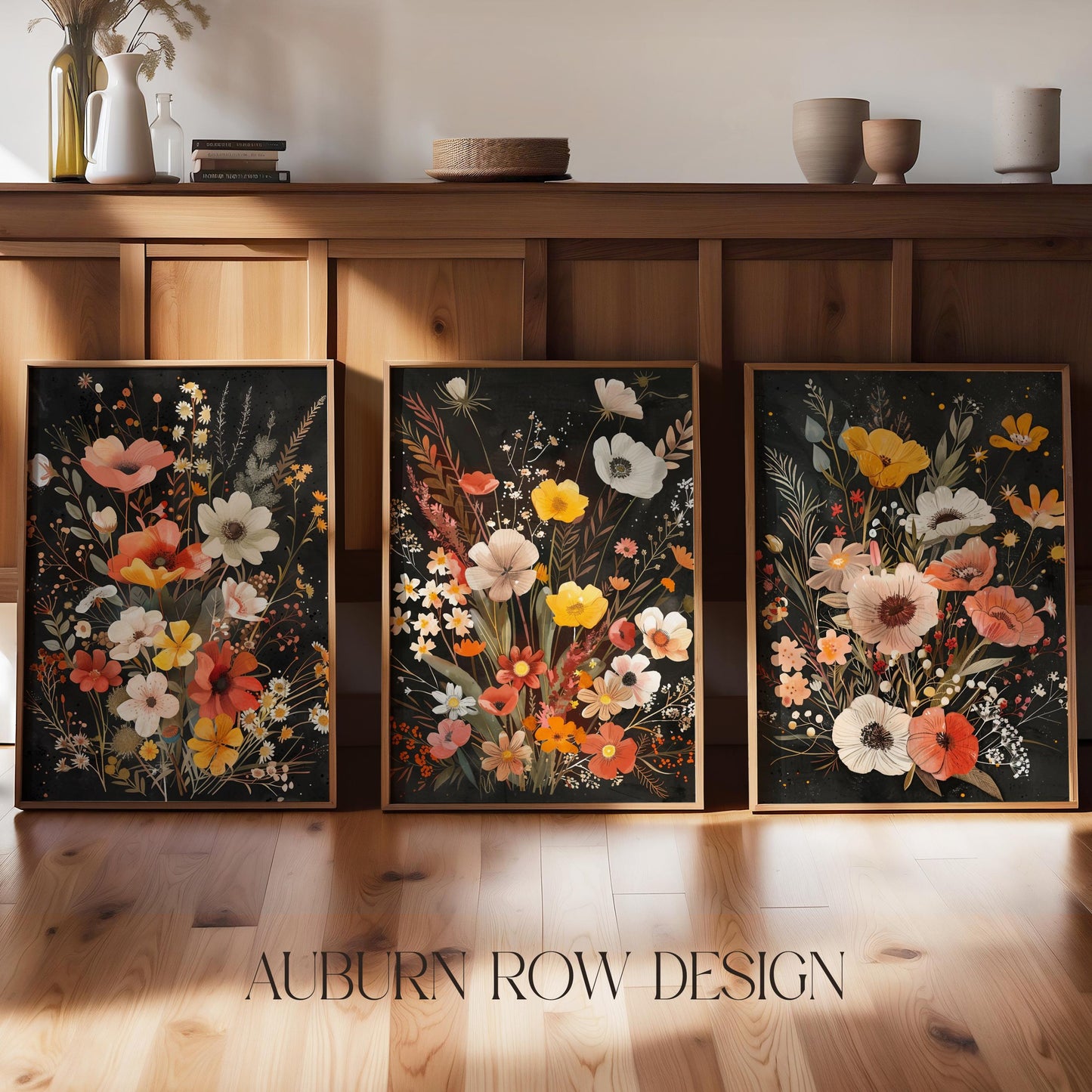 Floral Triptych Wall Art, Black and Floral Print, Modern Home Decor, Elegant Flower Illustration, Large Wall Panels