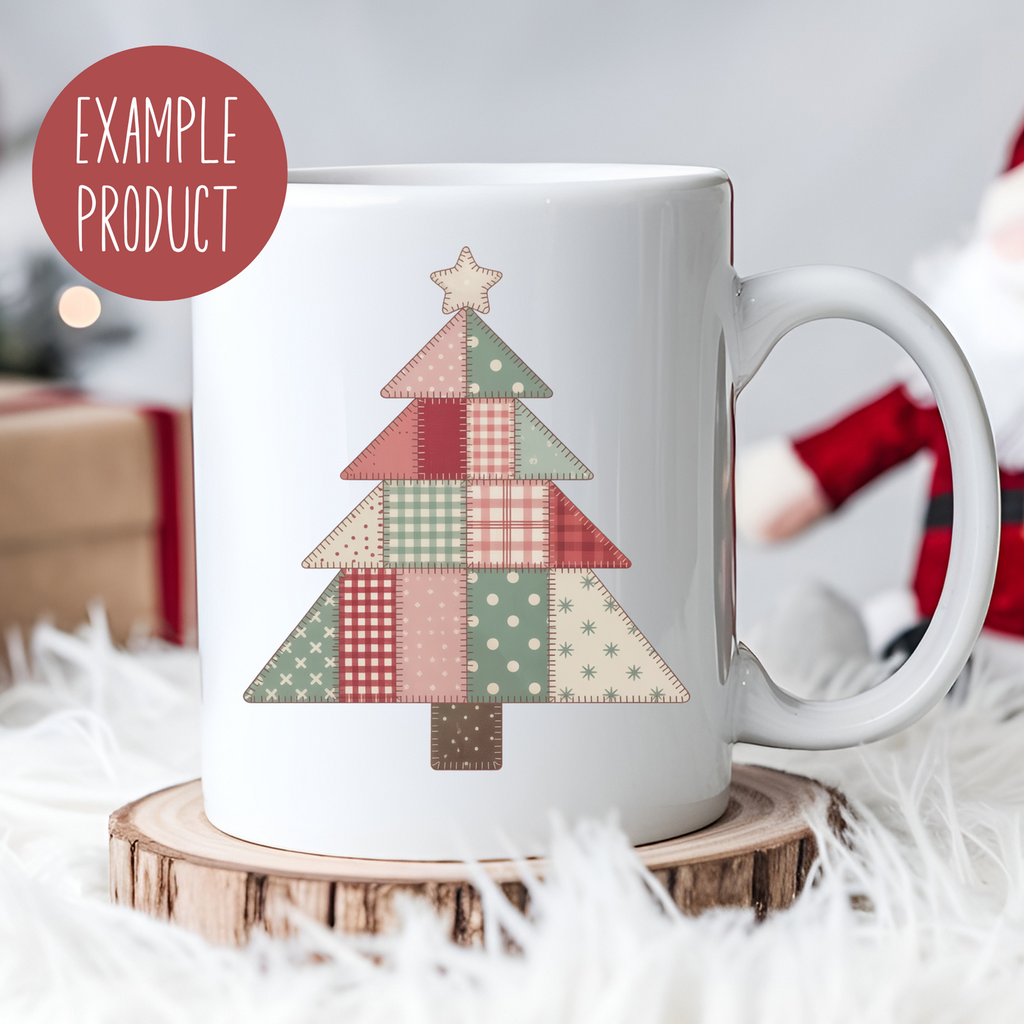 Christmas Tree Mug, Patchwork Design Holiday Coffee Cup, Festive Winter Drinkware, Ceramic Christmas Gift Idea
