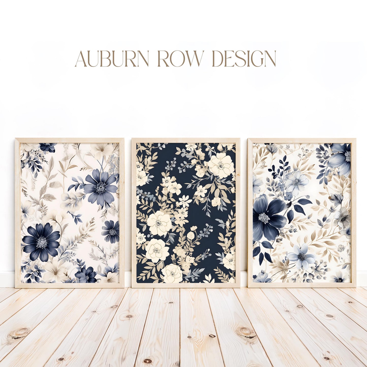 Navy and Cream Floral Wall Art Set, Vintage Inspired Botanical Prints, Home Decor