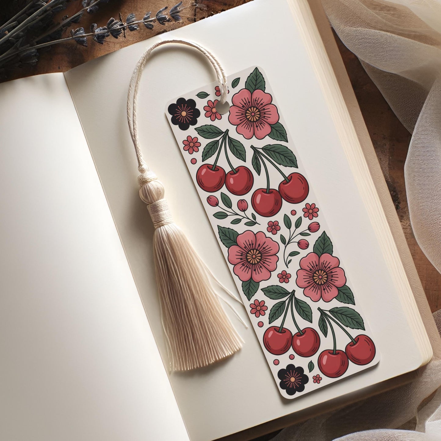 Floral Cherry Blossom Bookmark with Tassel, Elegant Reader Gift, Vintage Style, Red and Pink Flowers, Handmade Stationery Accessory