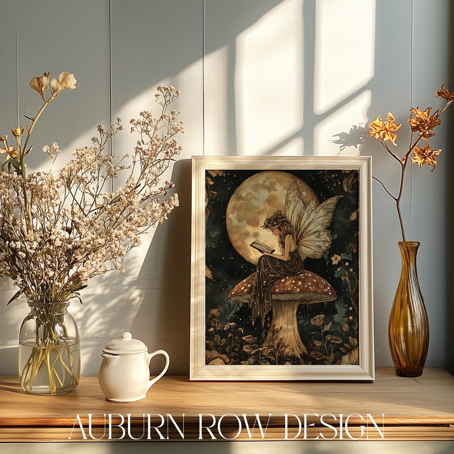 Vintage Fairy Moonlight Art Print, Fantasy Mushroom Decor, Mystical Wall Art, Aesthetic Room Decoration, Gift Idea