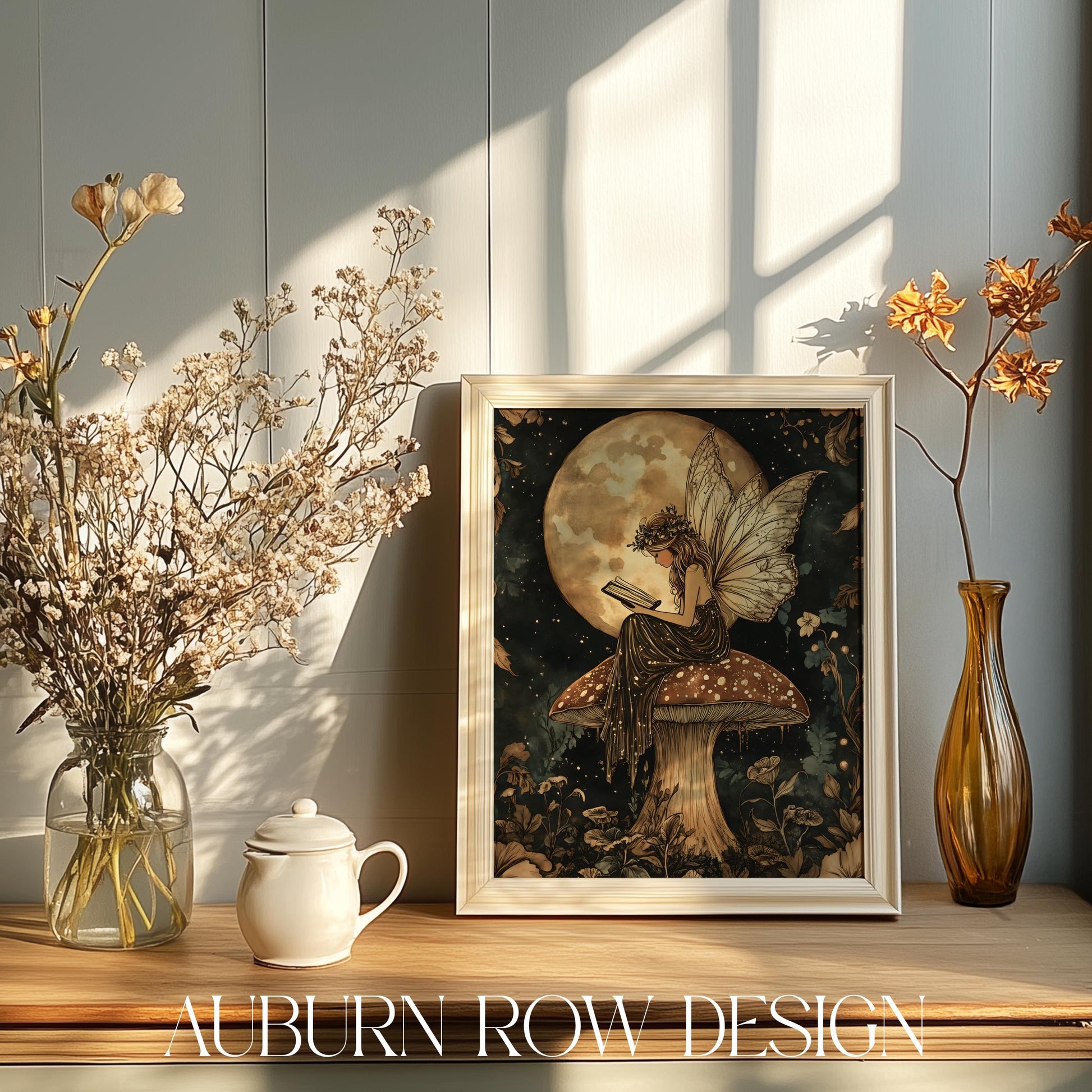 Vintage Fairy Moonlight Art Print, Fantasy Mushroom Decor, Mystical Wall Art, Aesthetic Room Decoration, Gift Idea