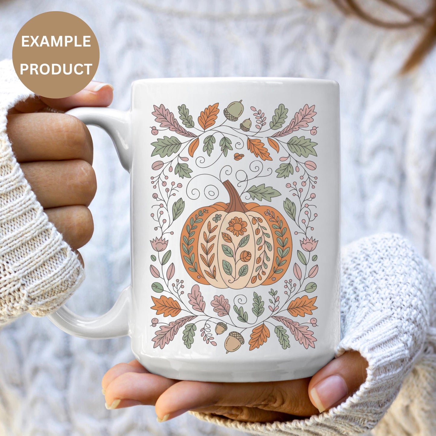 Autumn Pumpkin Coffee Mug, Floral Fall Leaves Design, Cozy Thanksgiving Gift, Ceramic
