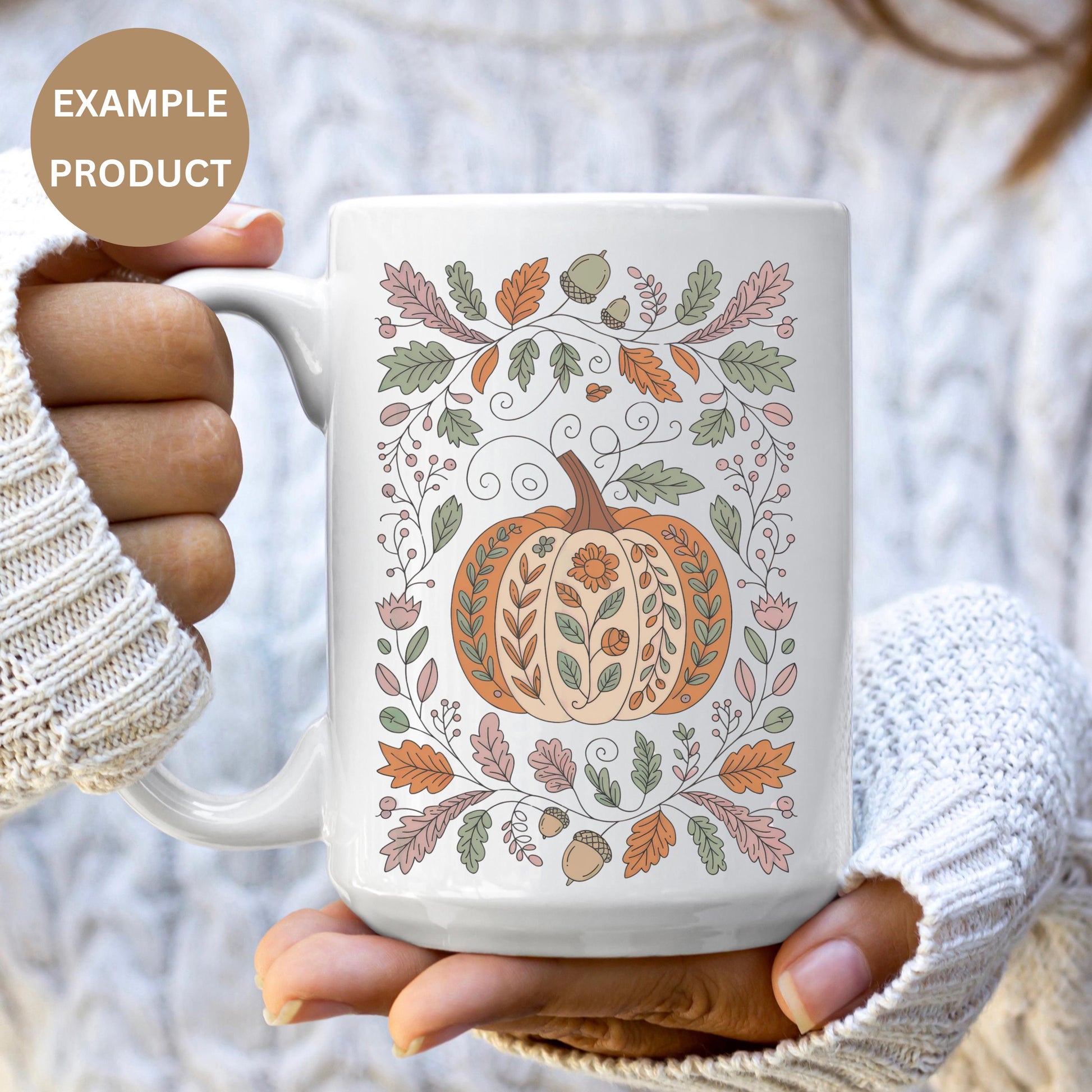 Autumn Pumpkin Coffee Mug, Floral Fall Leaves Design, Cozy Thanksgiving Gift, Ceramic