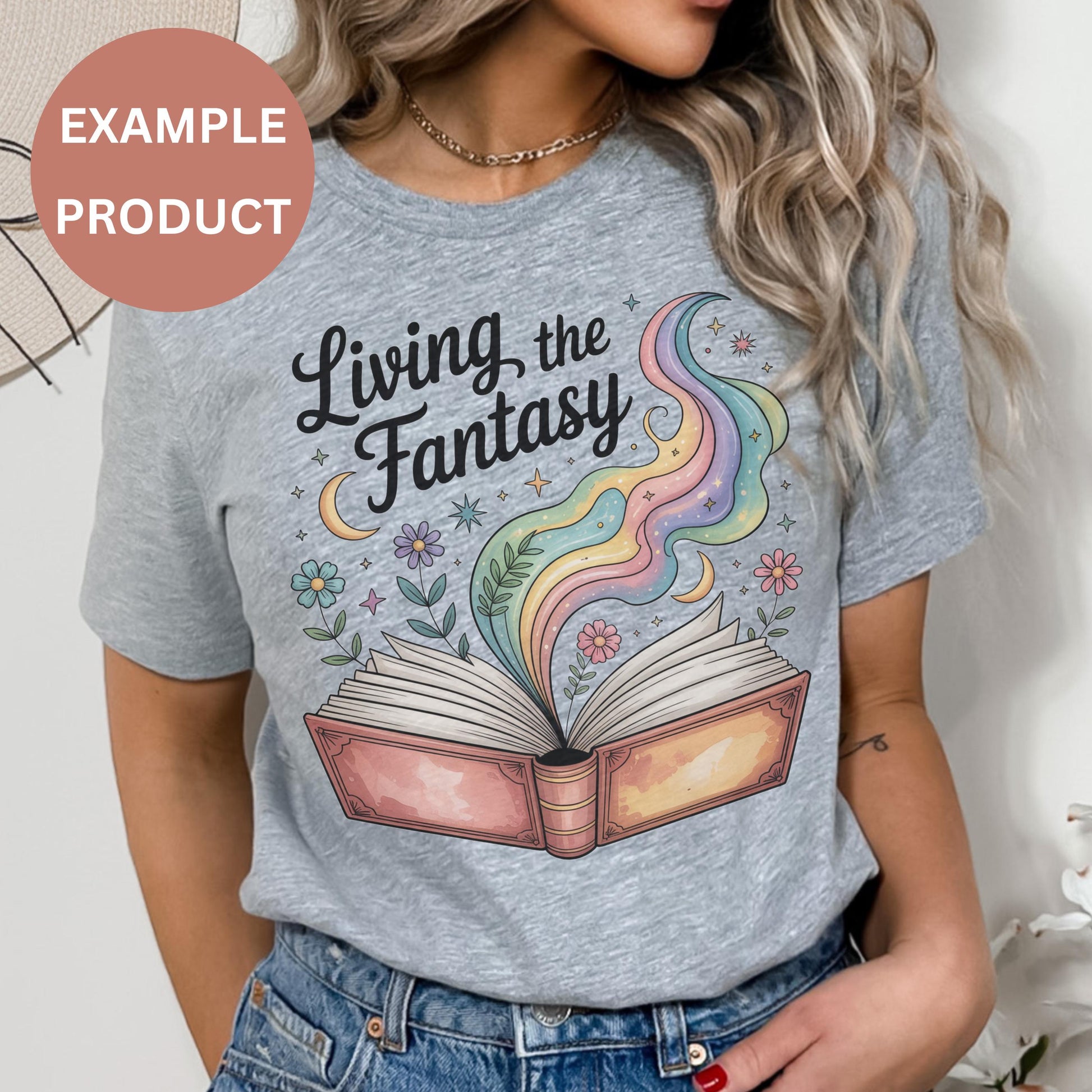Women's Fantasy Book T-Shirt, Living the Fantasy Graphic Tee, Cute Magical Book Lover Gift, Soft Cotton Shirt, Unique Illustration Top
