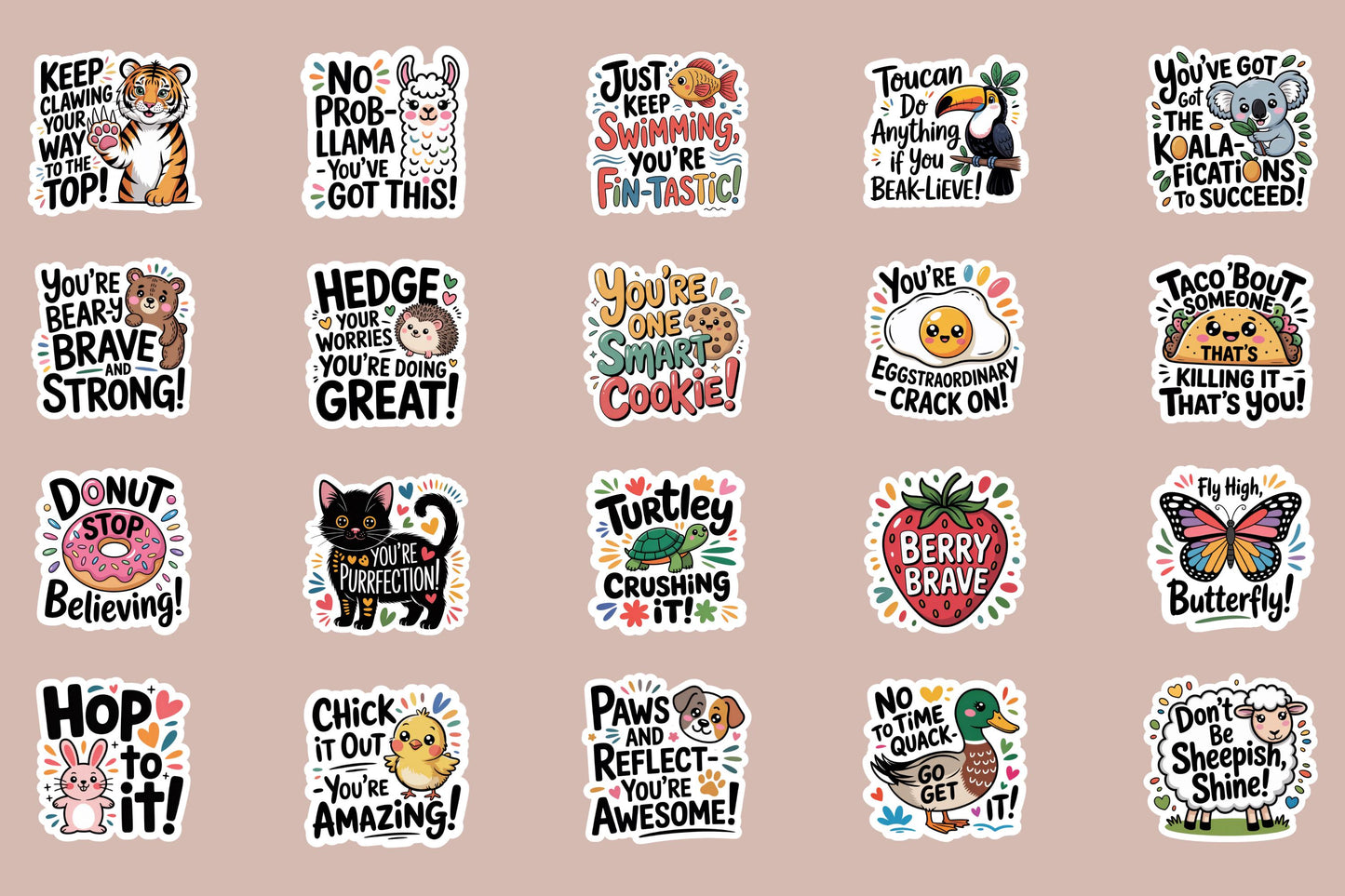 Colorful Motivational Sticker Set, Cute Animal Designs, Inspirational Quotes, Waterproof Vinyl, Multi-Pack