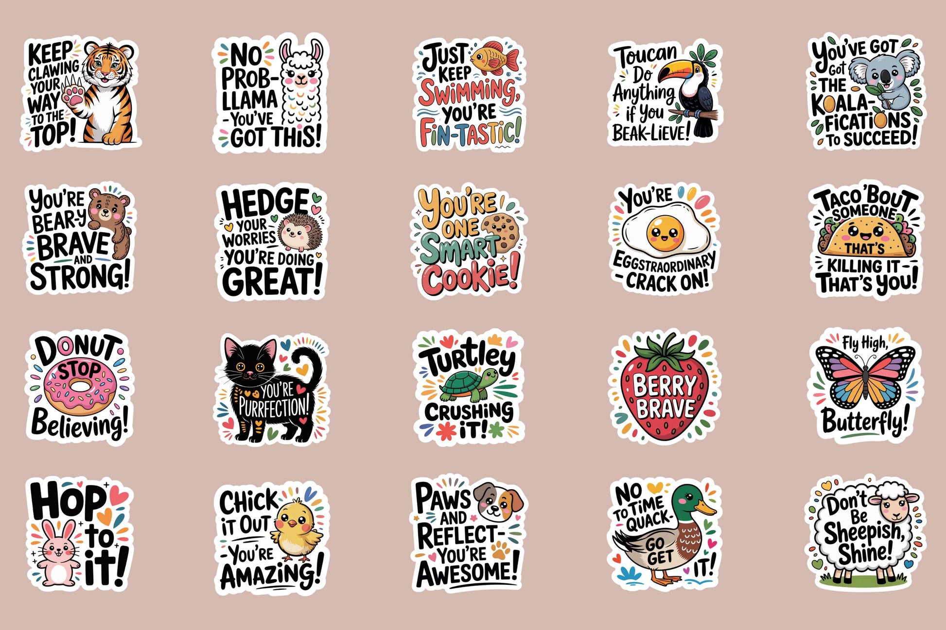Colorful Motivational Sticker Set, Cute Animal Designs, Inspirational Quotes, Waterproof Vinyl, Multi-Pack
