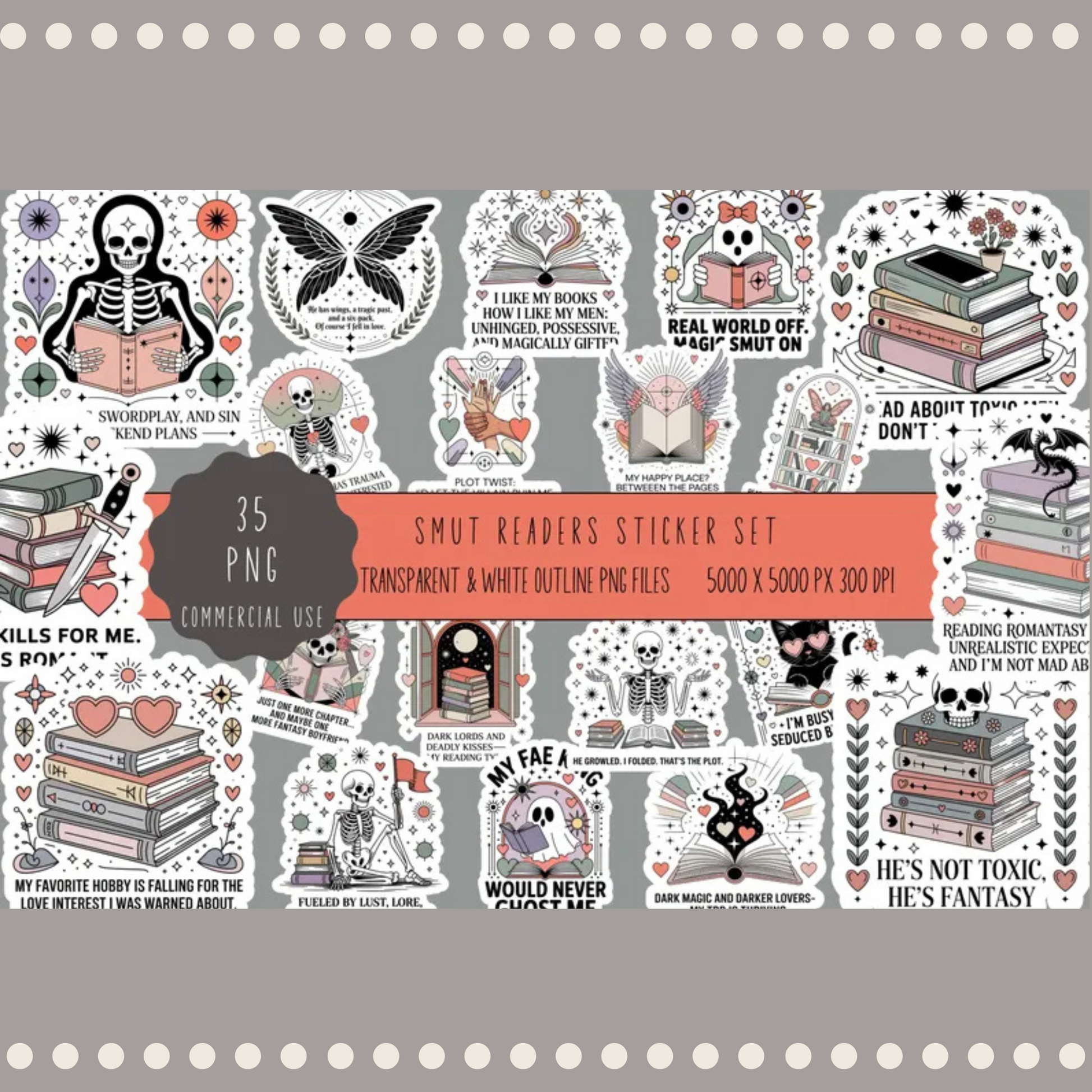 Gothic Stickers Digital Download, Book Lover Clipart, Transparent PNG, Commercial Use, Witchy Aesthetic, Skeleton, Moth, Instant Access
