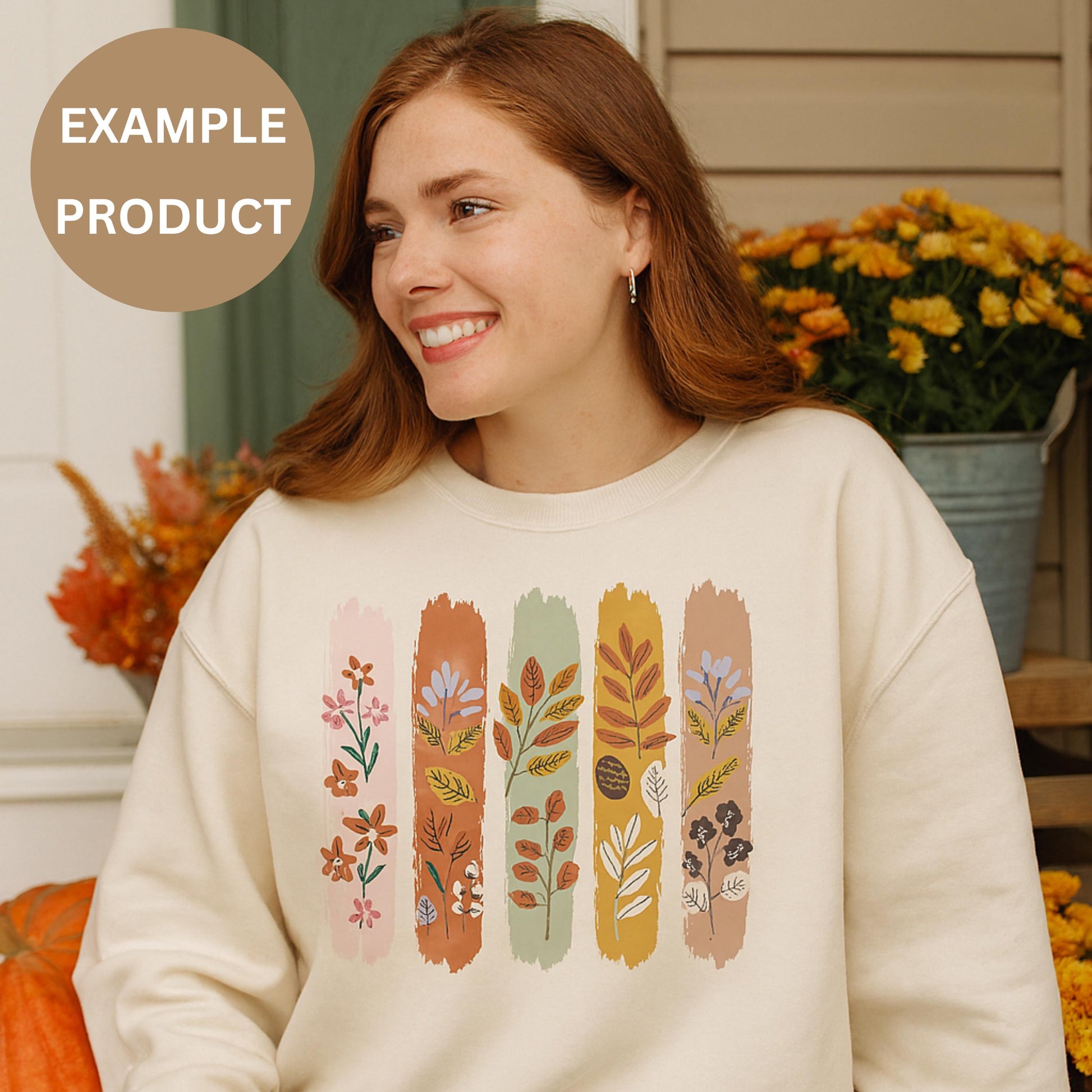 Women's Floral Print Sweatshirt, Autumn Colors Casual Pullover, Cozy Fall Fashion Top, Unique Flower Design Sweater
