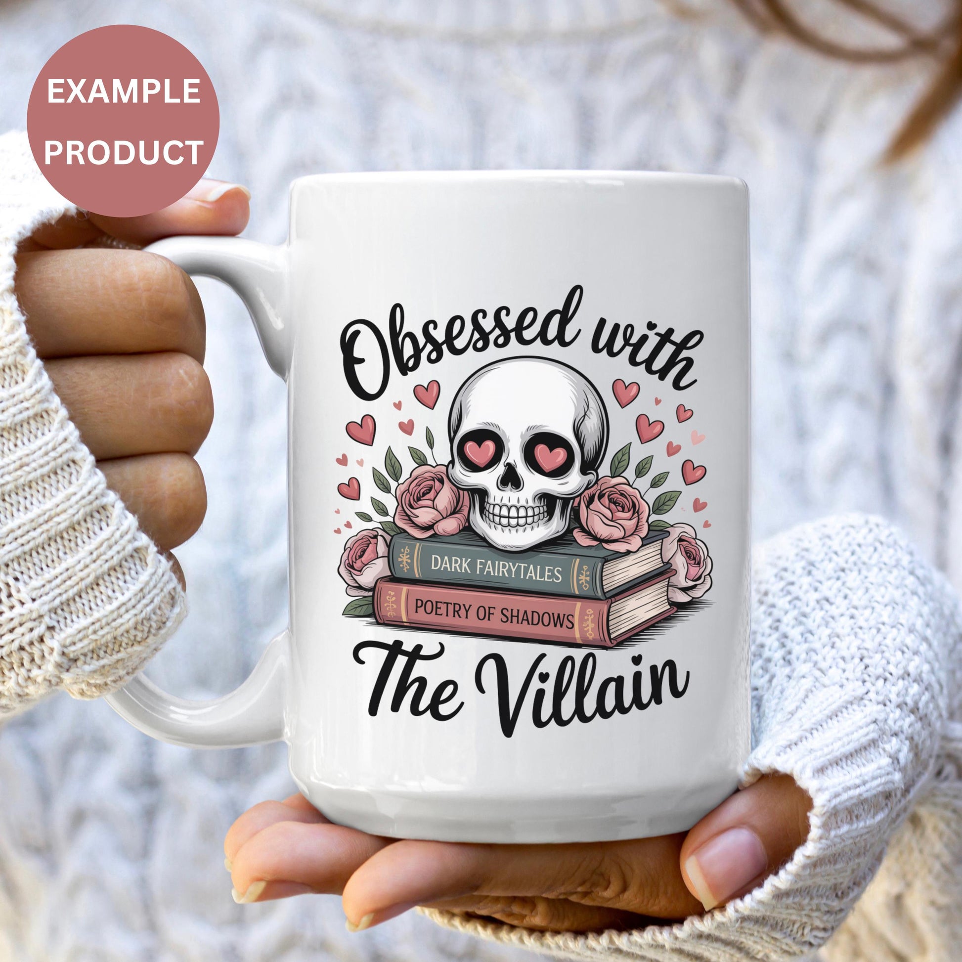 Gothic Skull Coffee Mug, Dark Fairytale Poetry Book and Roses Design, Unique Villain Themed Cup