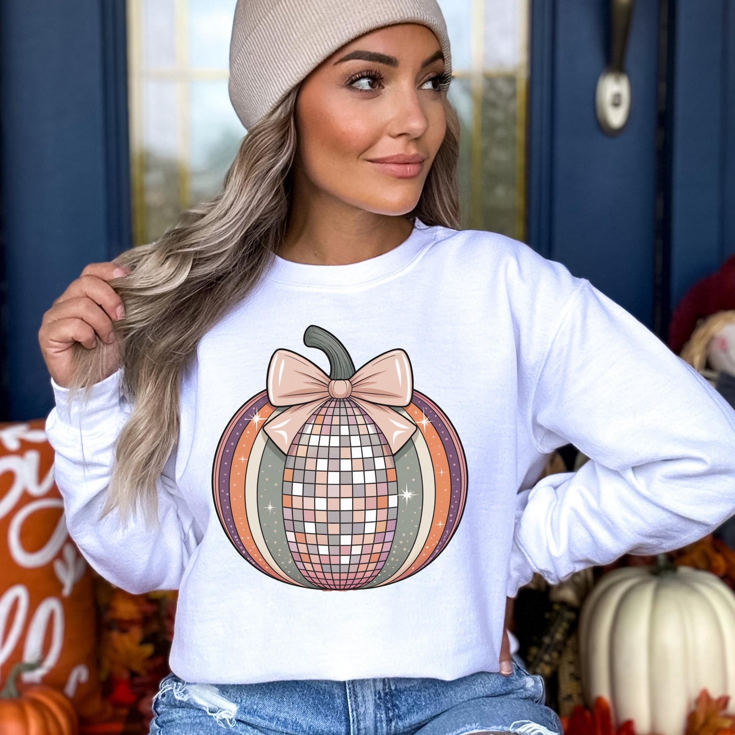 Women's Fall Pumpkin Long Sleeve Shirt, Cute Autumn Graphic Tee, Casual Thanksgiving Outfit Ideas, Fashionable White Top