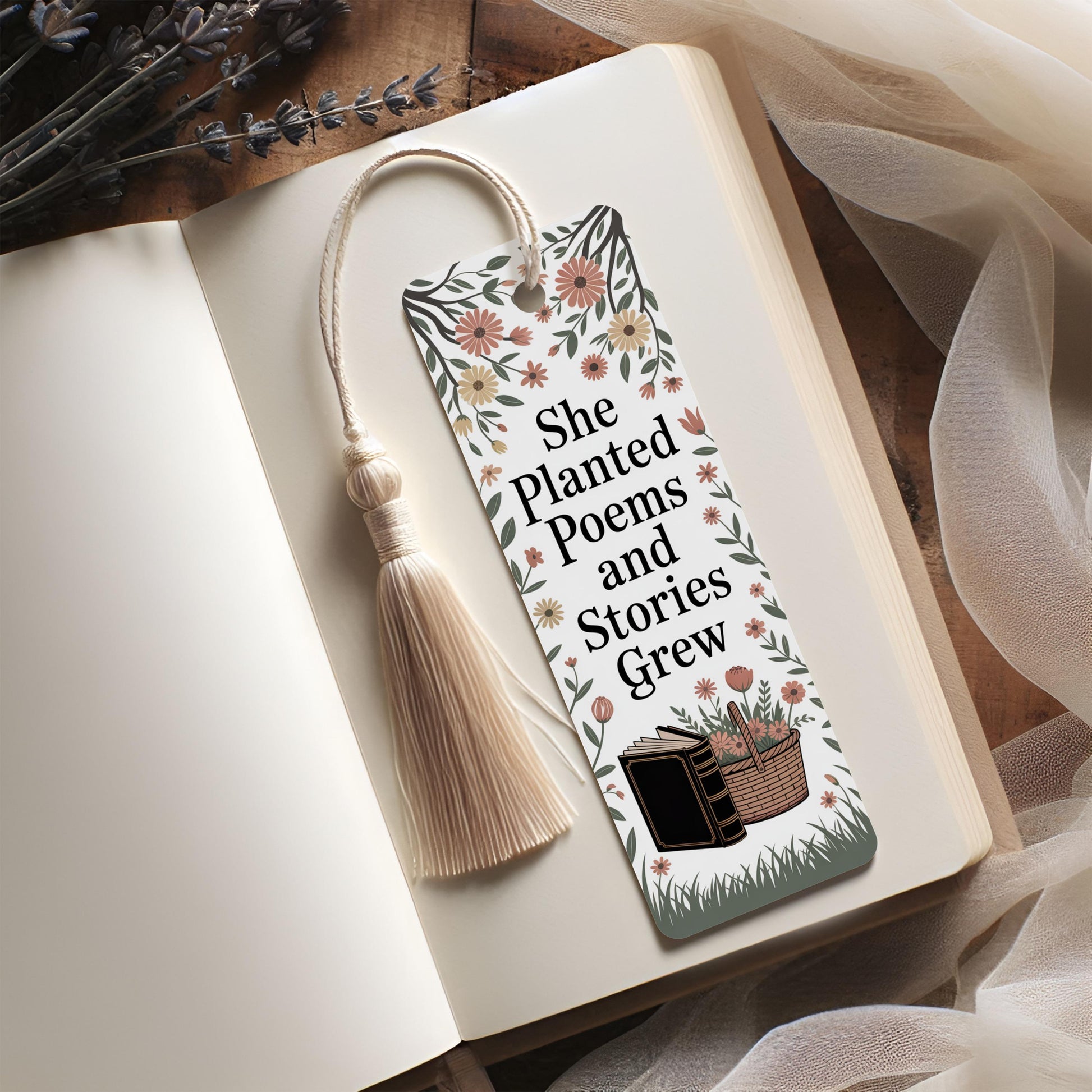 Floral Bookmark with Tassel, Inspirational Quote, She Planted Poems, Gift for Readers, Book Accessory