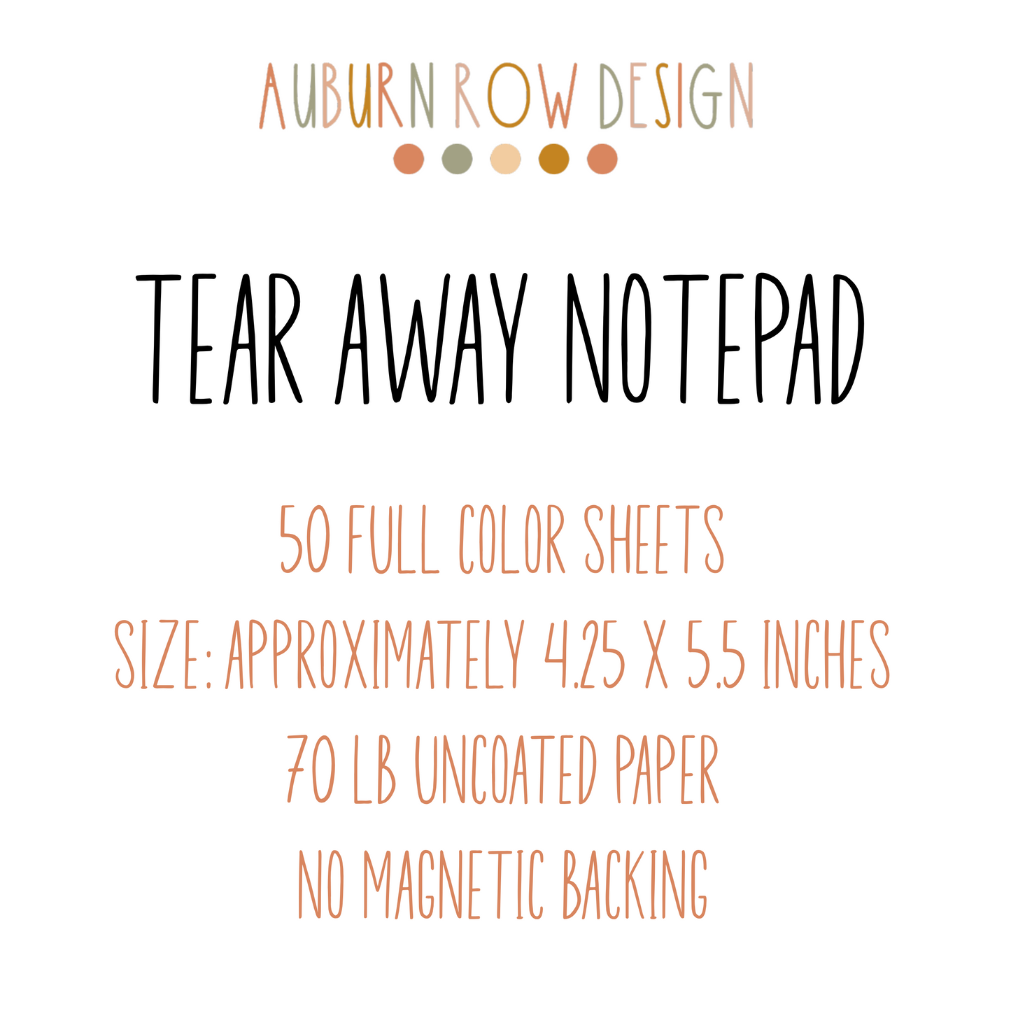 Product description of a tear away notepad by Auburn Row Design on a white background.
