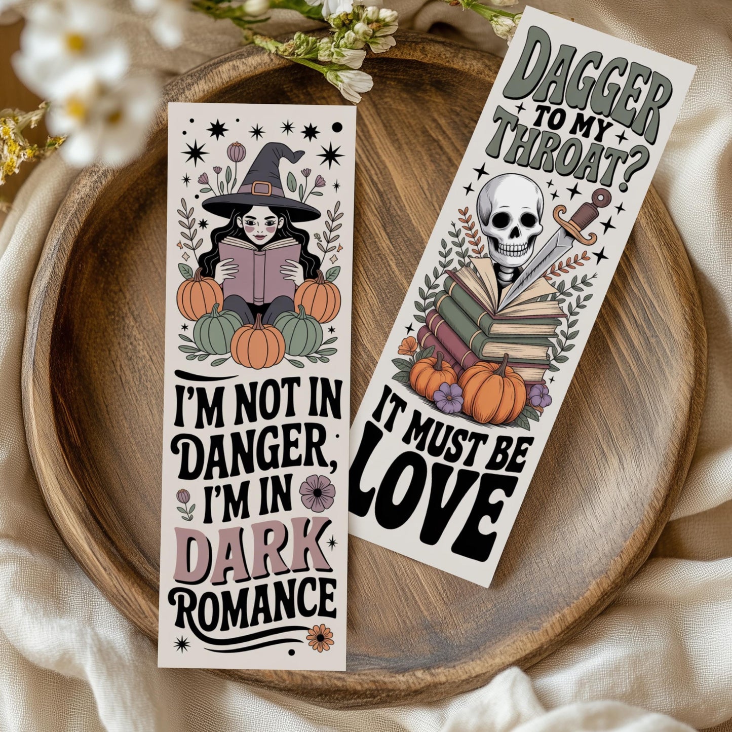 Gothic Halloween Bookmarks, Skeleton and Pumpkin Designs, Dark Romance Quotes, Gift Set