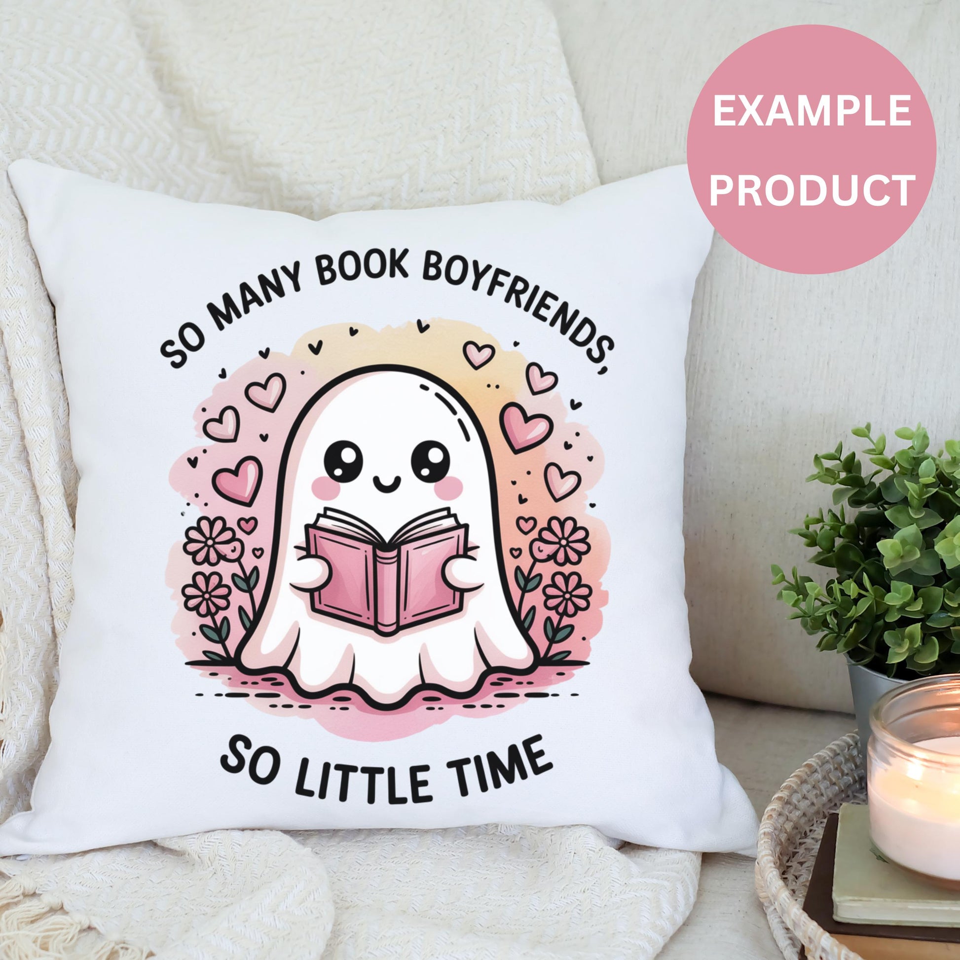 Cute Reading Ghost Pillow, Book Lover Throw Cushion, Fun Quirky Valentine Gift, Bookish Home Decor