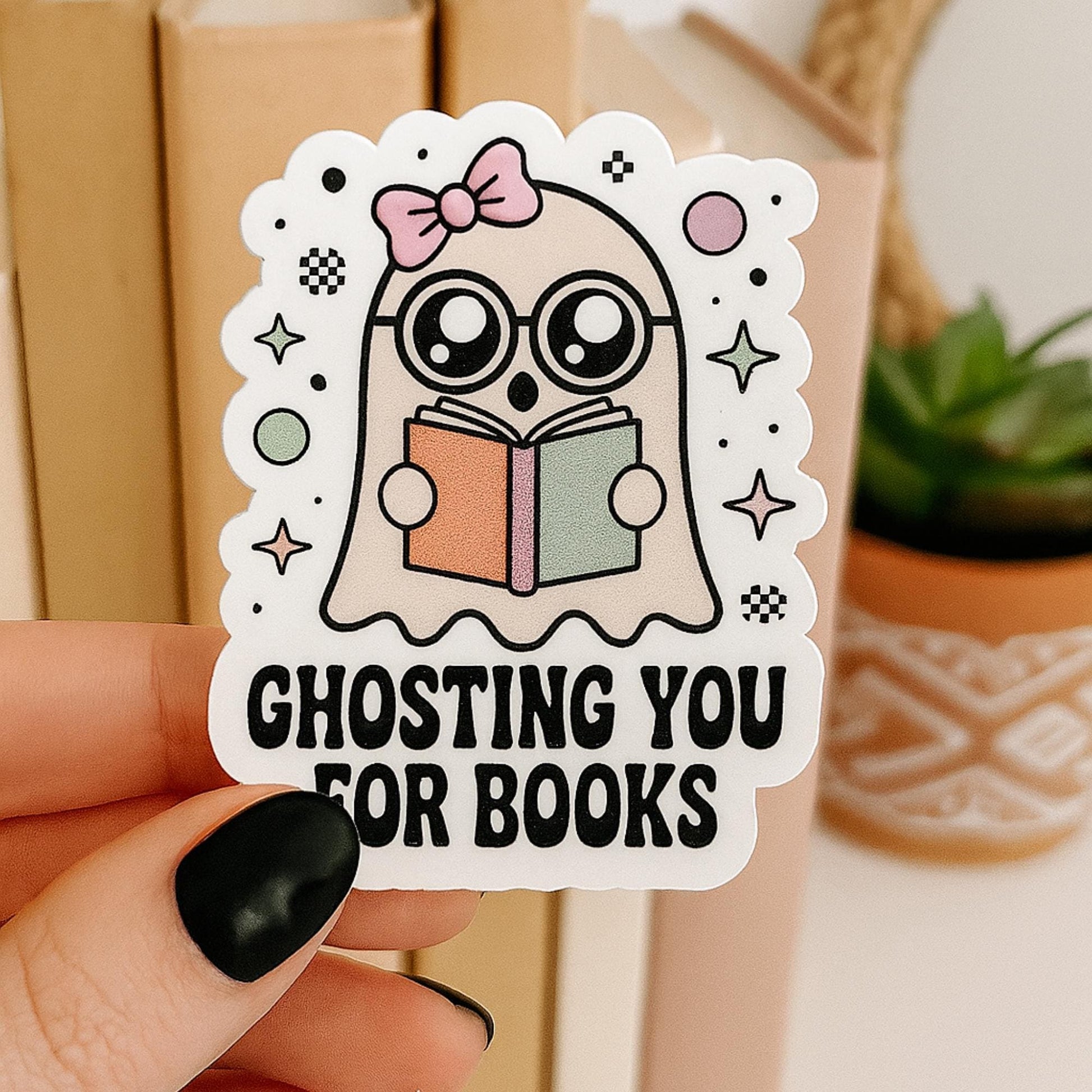 Cute Ghost Reading Book Sticker, Funny Literary Ghost Vinyl Decal, Book Lover Gift, Quirky Stationery, Waterproof Sticker for Laptop