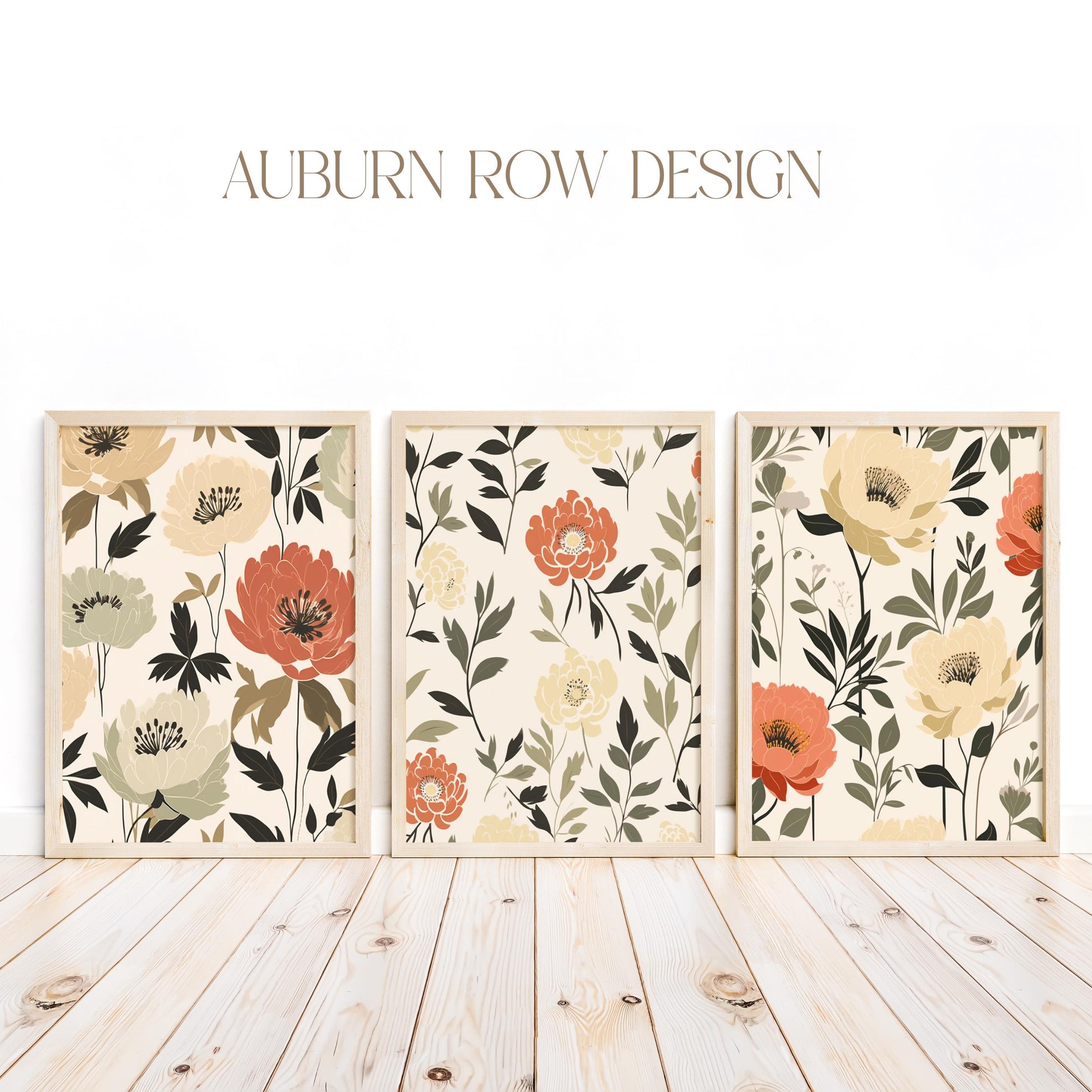 Set of Three Floral Wall Art Prints, Modern Botanical Decor, Neutral Color Palette, Bedroom and Living Room Decor, Elegant Flower Posters