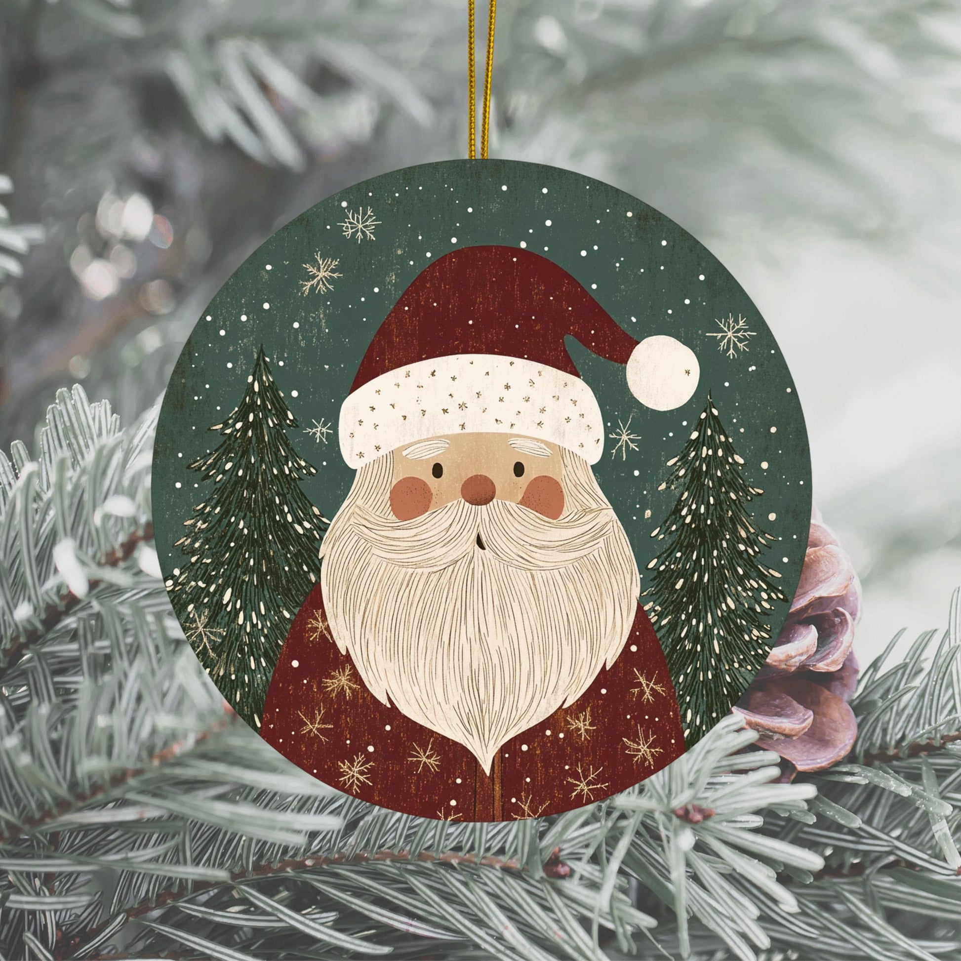Vintage Santa Claus Christmas Ornament, Round Holiday Tree Decoration, Festive Seasonal Decor, Handcrafted Gift Idea
