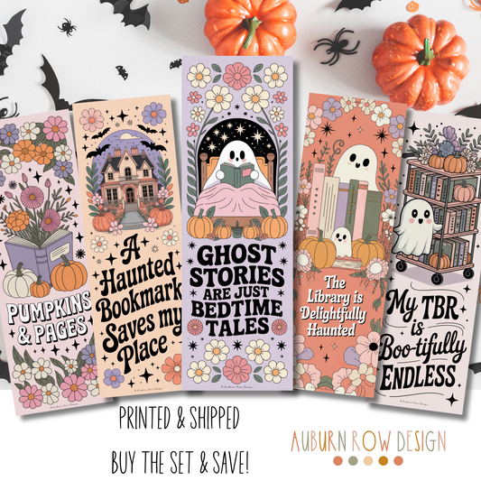 Set of Halloween-themed bookmarks with ghost, pumpkin, and library designs on a white background.