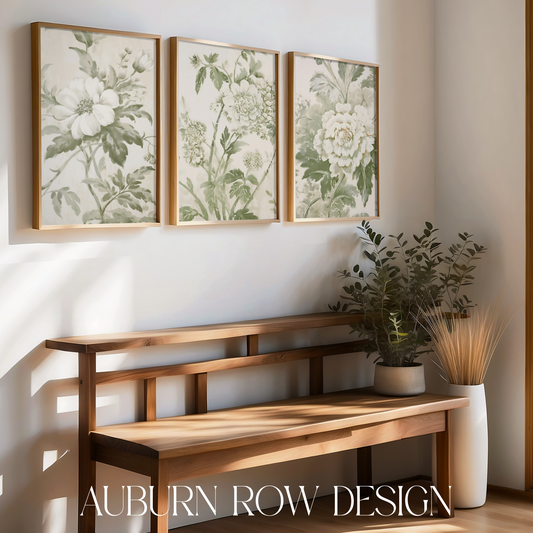 Sage Green Floral Triptych Printable Art Set
