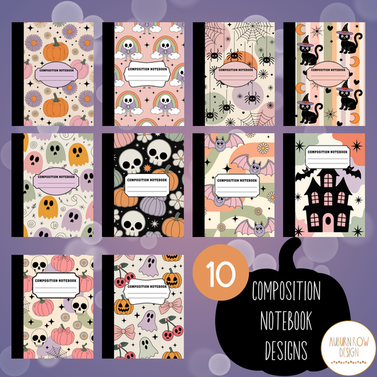 Printable Halloween Composition Notebook Covers - Set of 10