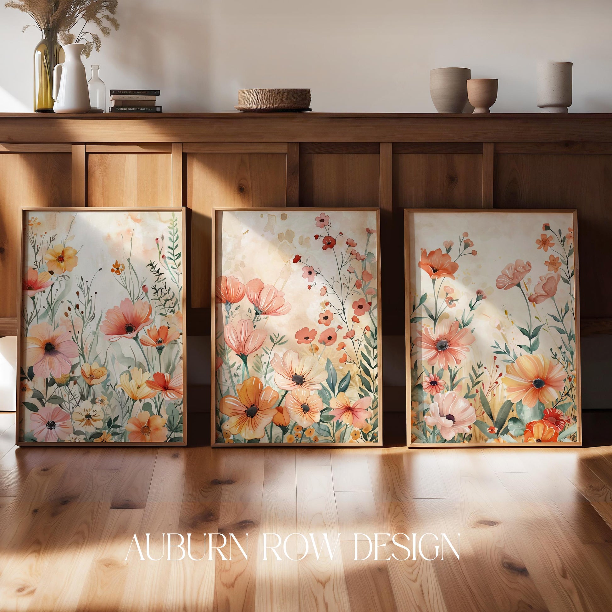 Floral Wall Art Triptych, Nature Inspired Home Decor, Colorful Meadow Flower Prints, Botanical Illustration Panels