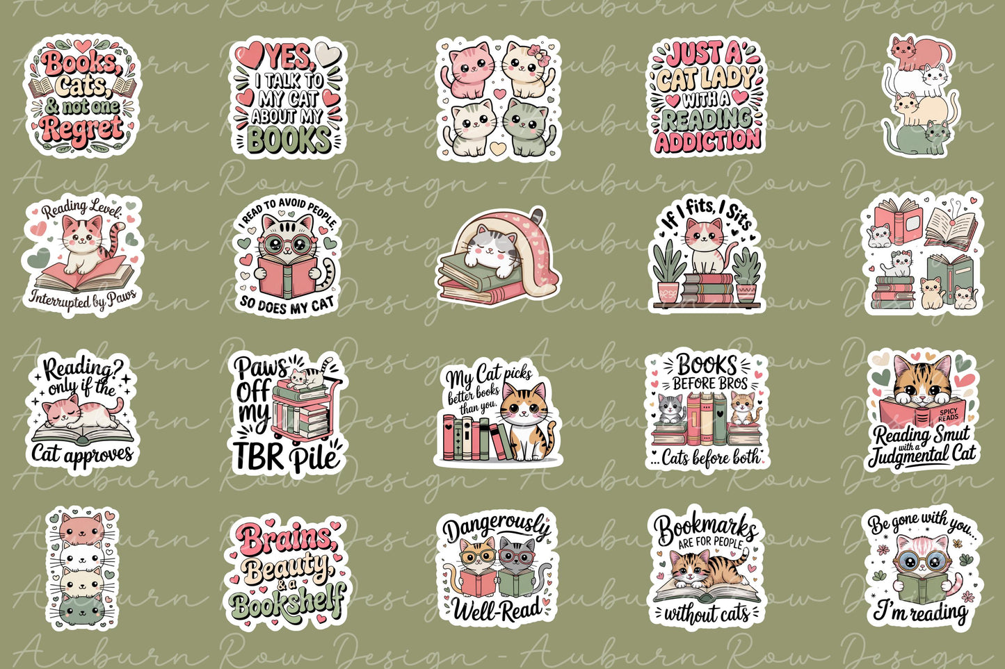 Cute Cat and Books Sticker Set, Reading Themed Vinyl Stickers, Cat Lover Gift, Bookish Decals, Waterproof and Durable, Scrapbooking