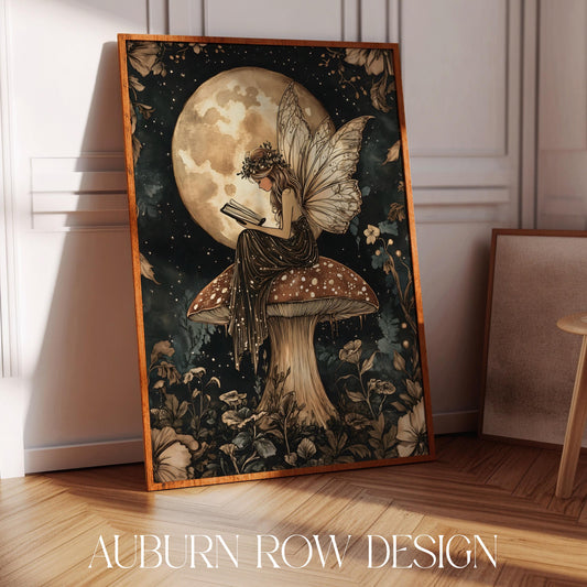 Vintage-Inspired Fairy and Moon Art Poster, Fantasy Wall Decor, Large Mushroom Print, Ethereal Home Decoration, Unique Gift Idea