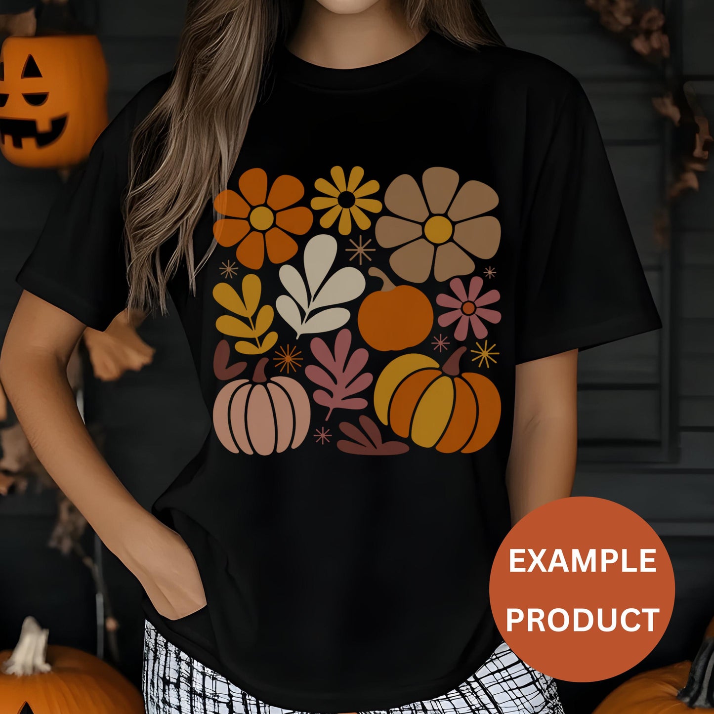 Fall Aesthetic Pumpkin and Floral Design T-Shirt, Autumn Colors Women’s Fashion Tee, Thanksgiving Casual Wear