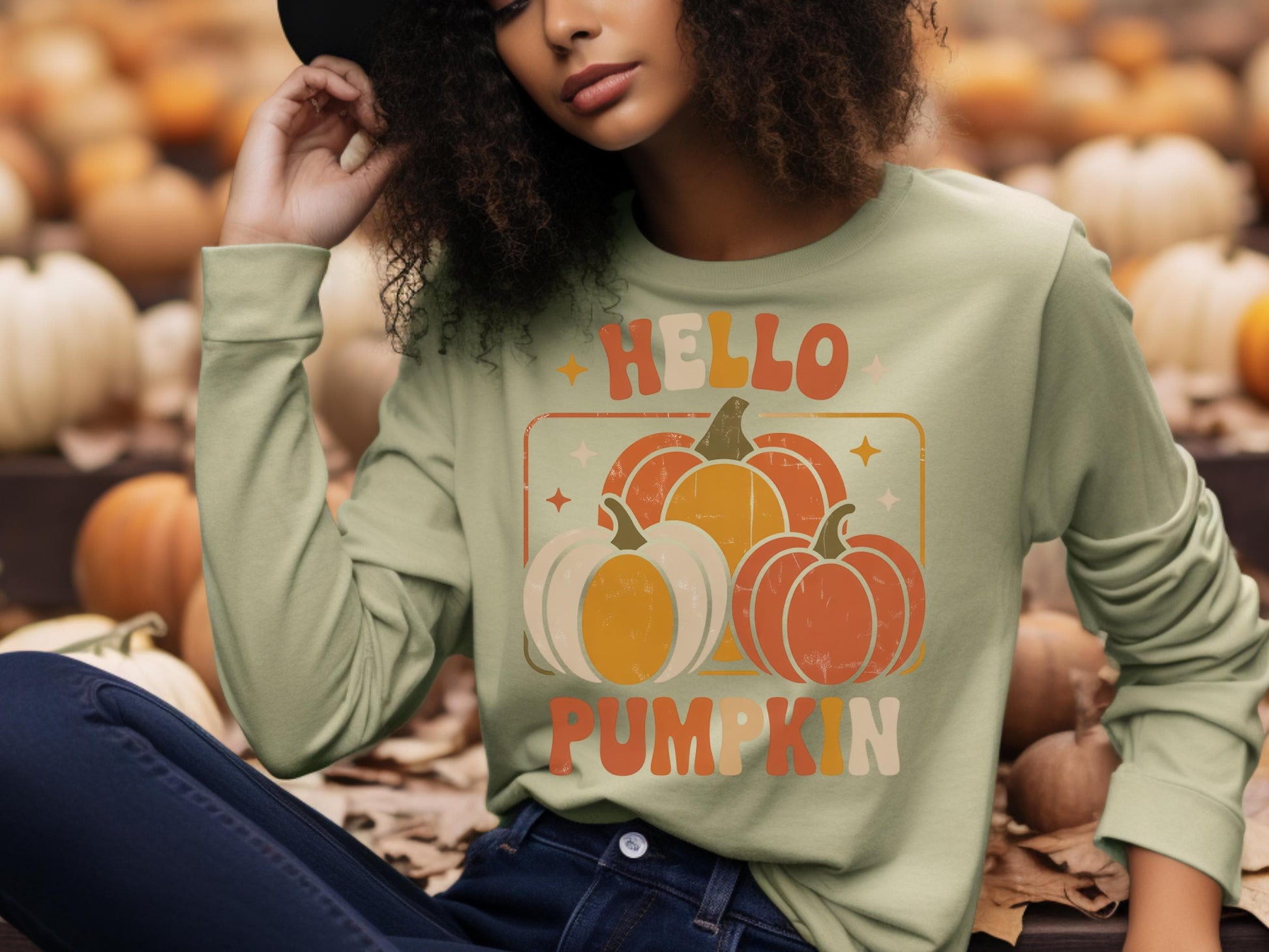 Women's Hello Pumpkin Sweatshirt, Fall Autumn Graphic Pullover, Cozy Thanksgiving Apparel, Casual Fall Fashion Top