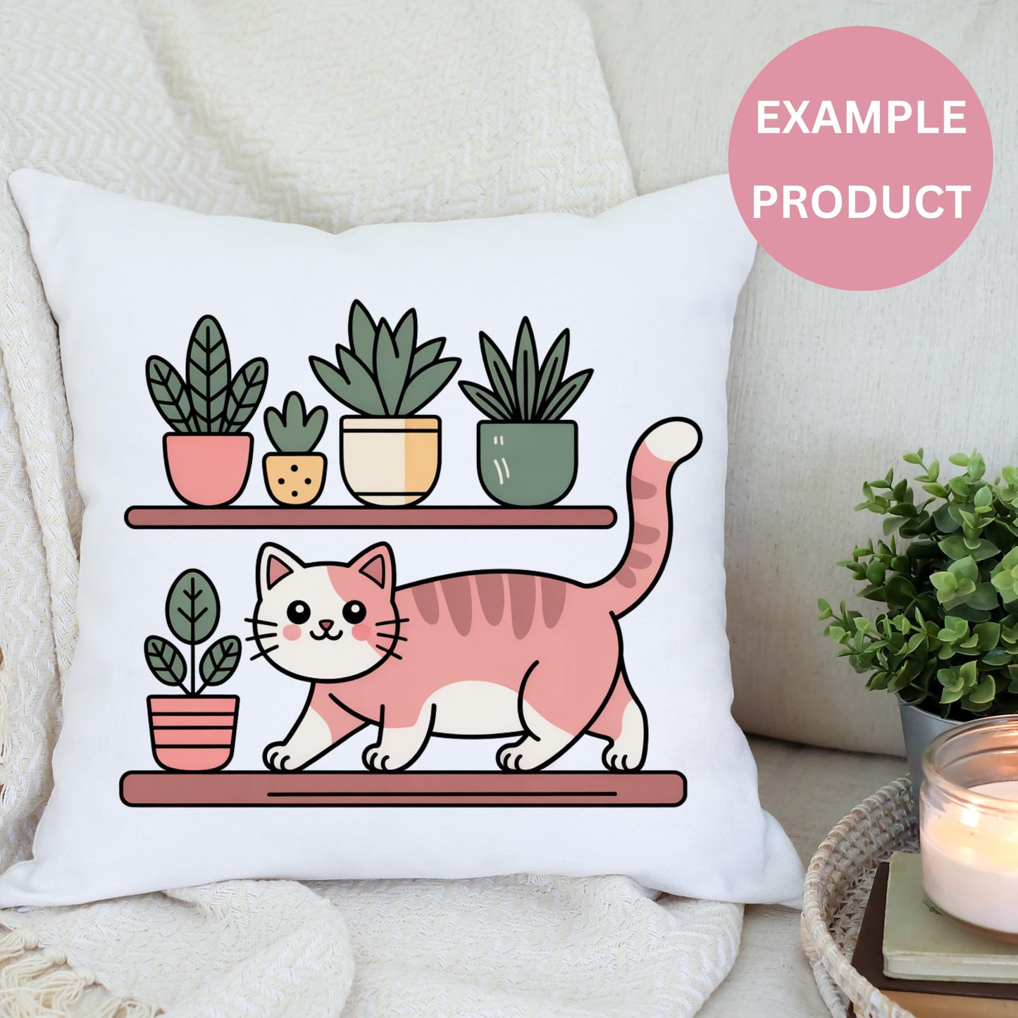 Cute Cat and Plant Throw Pillow, Decorative Sofa Cushion, Cat Lover Gift, Home Decor, Trendy Living Room Accessory