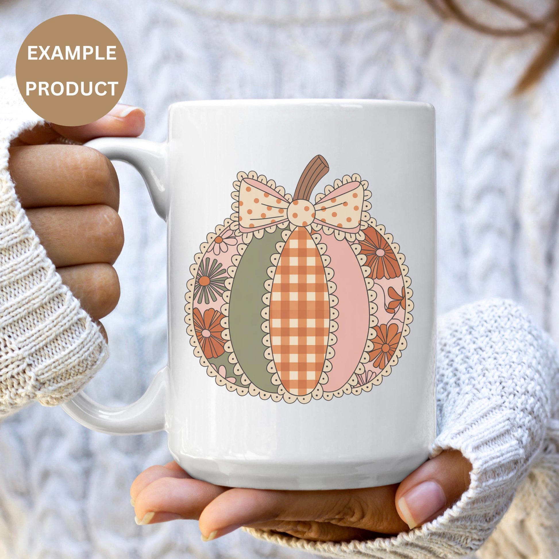 Autumn Pumpkin Coffee Mug, Fall Plaid Design Ceramic Mug with Lace Detail, Cozy Fall Drinkware Gift