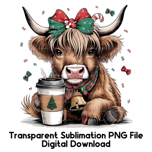 Christmas Highland Cow PNG, Holiday Sublimation Design, Digital Download, Festive Cow with Coffee Illustration for T-Shirts and Mugs