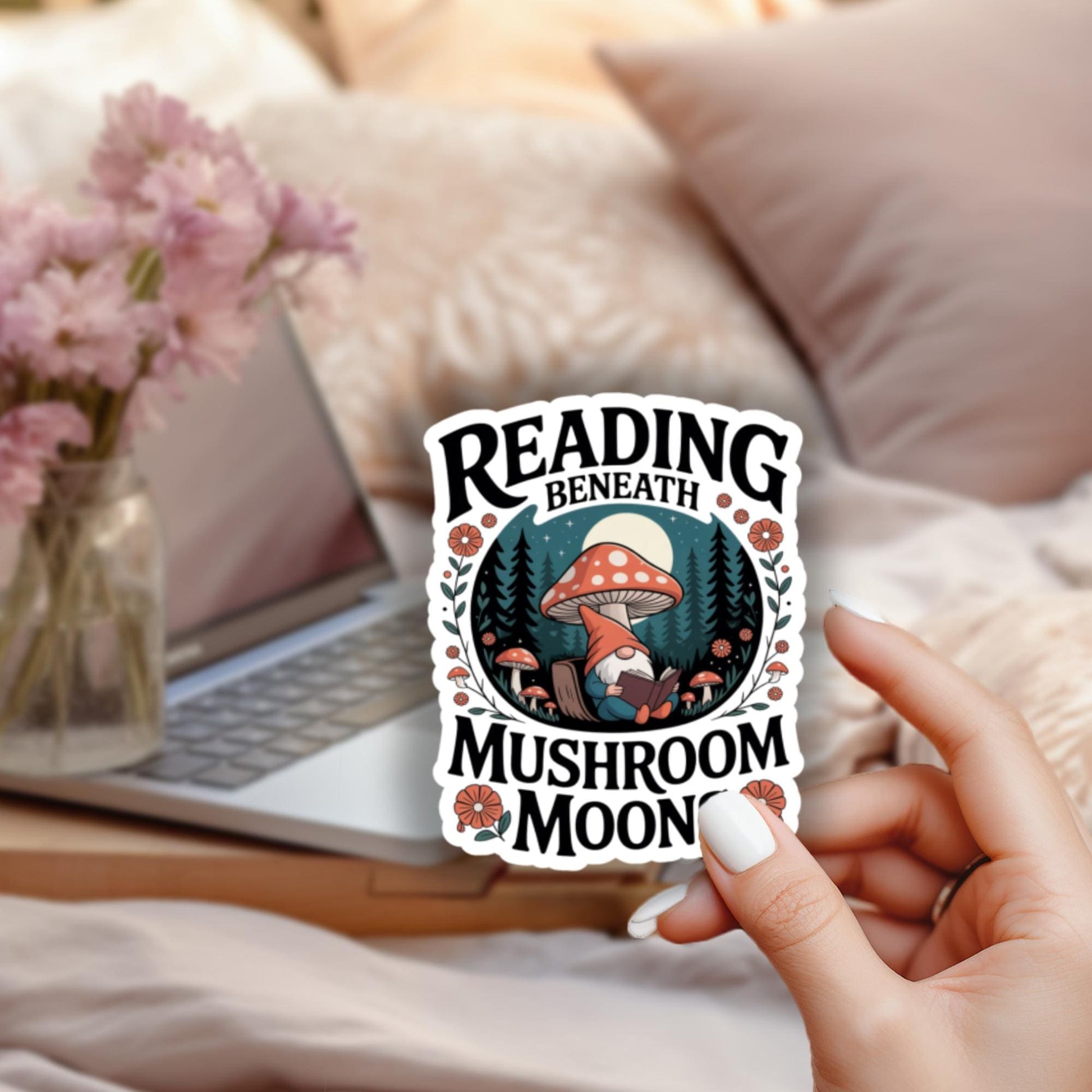 Mushroom Moon Reading Sticker, Fantasy Book Lover Gift, Laptop Decal, Waterproof Vinyl, Aesthetic Forest and Fungi Design